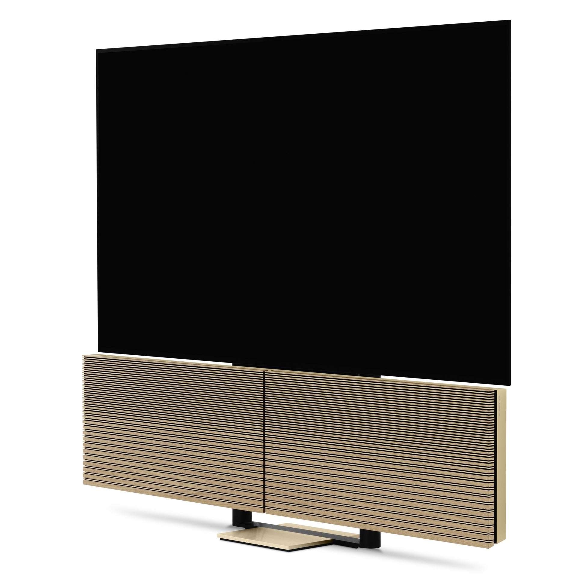 Beovision Harmony Gold Tone Light oak auf Bodenstandfuß geöffnetes Soundcenter