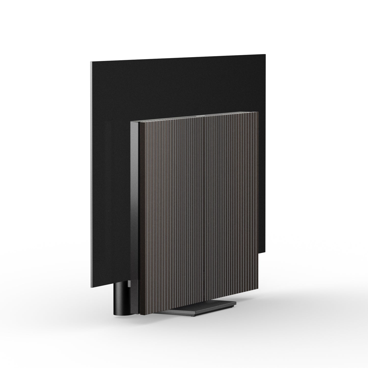 Beovision Harmony in Black anthracite mit Dark oak Cover auf Bodenstandfuß