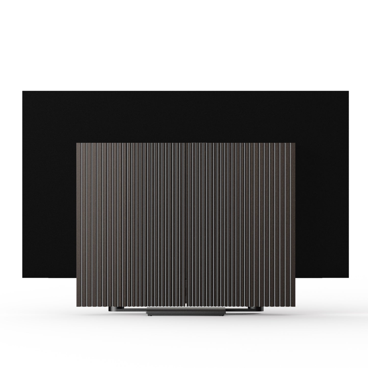 Beovision Harmony in Black anthracite mit Dark oak Cover auf Bodenstandfuß