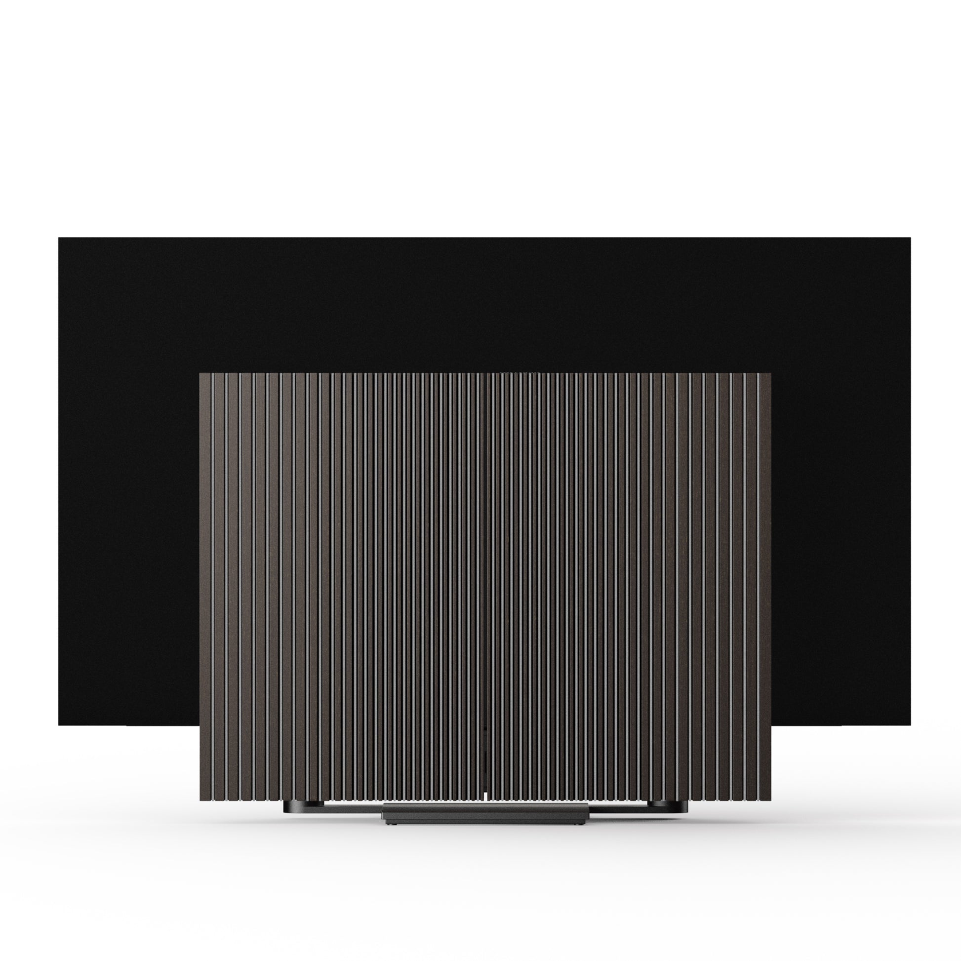 Beovision Harmony in Black anthracite mit Dark oak Cover auf Bodenstandfuß