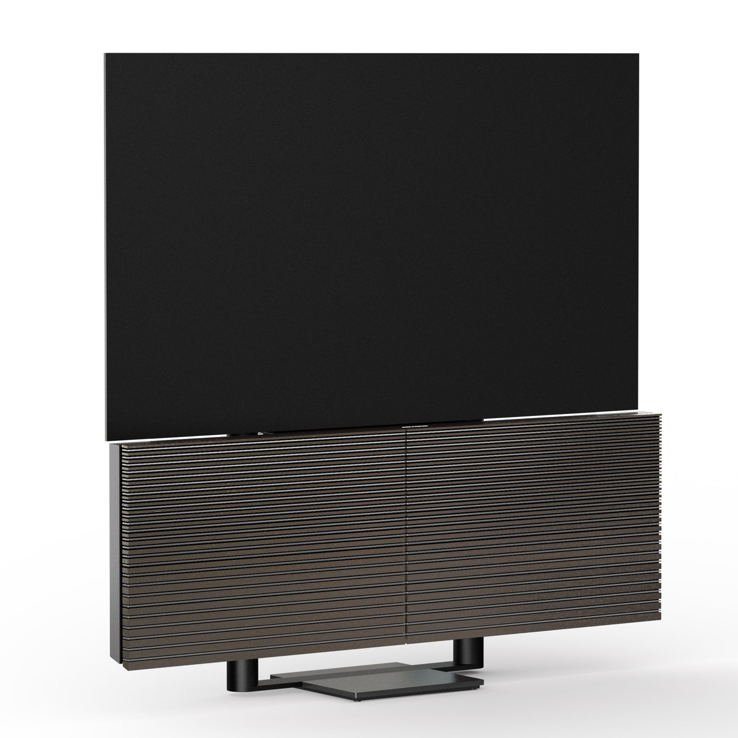 Beovision Harmony in Black anthracite mit Dark oak Cover auf Bodenstandfuß