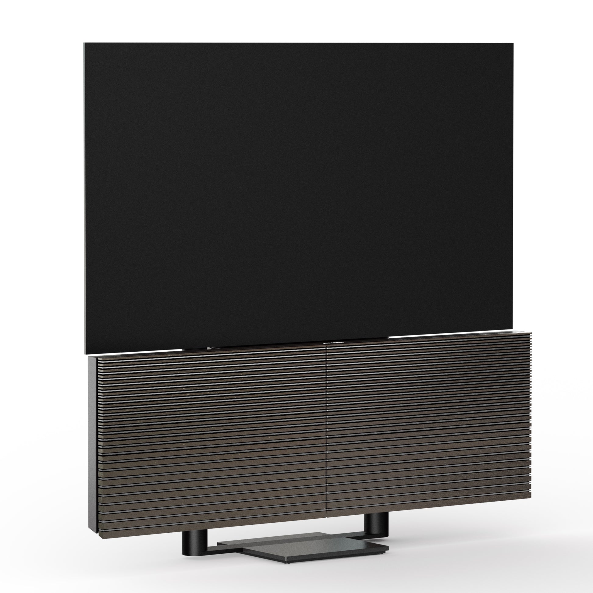 Beovision Harmony in Black anthracite mit Dark oak Cover auf Bodenstandfuß
