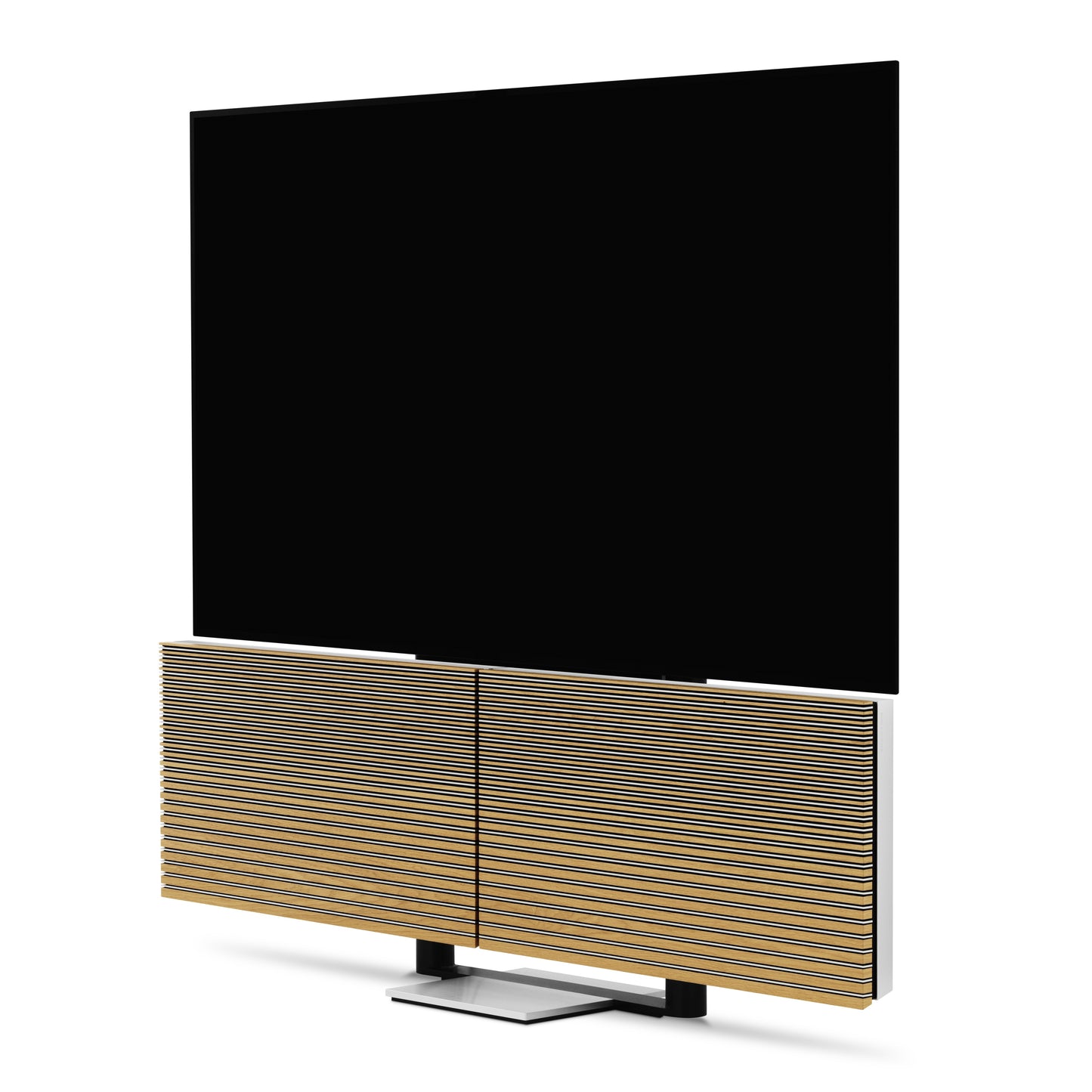 Beovision Harmony in silber/oak auf Bodenstandfuß seitliche Ansicht