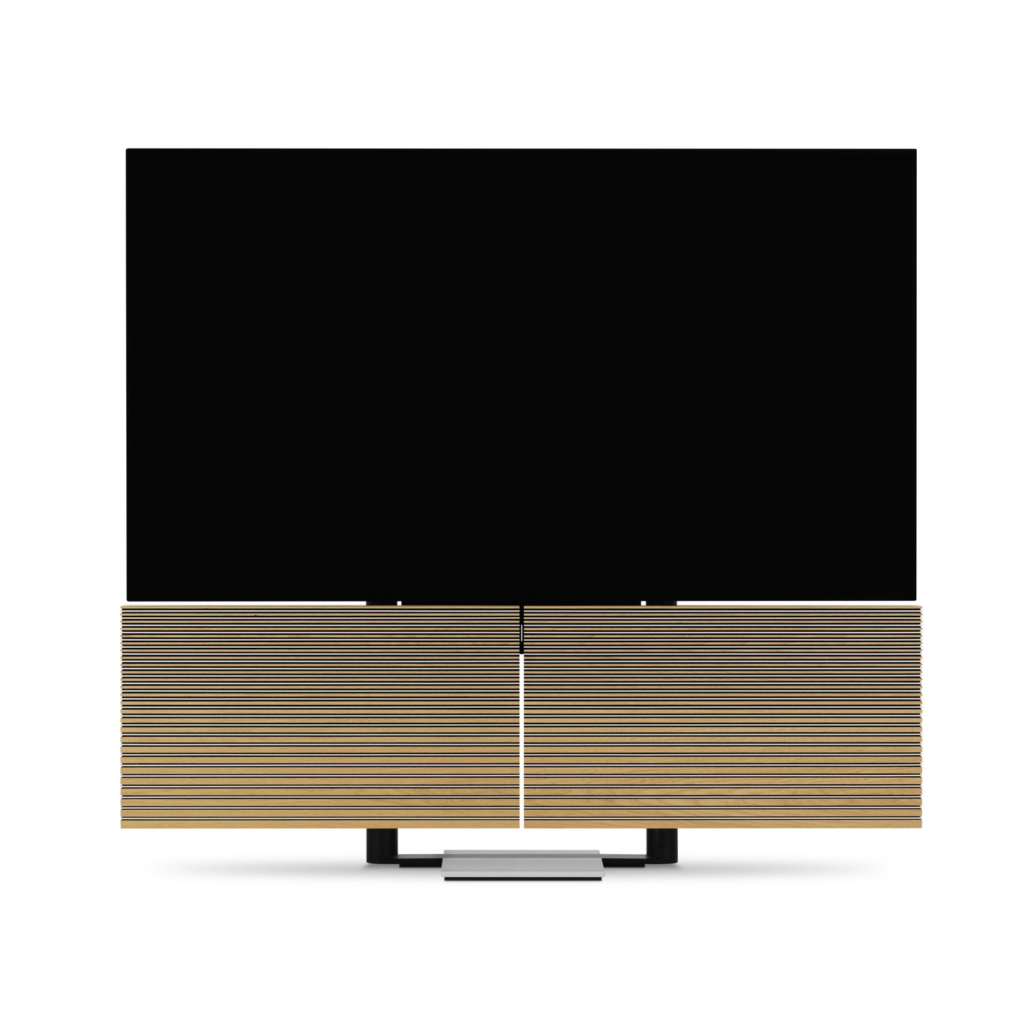 Beovision Harmony in silber/oak auf Bodenstandfuß frontale ansicht