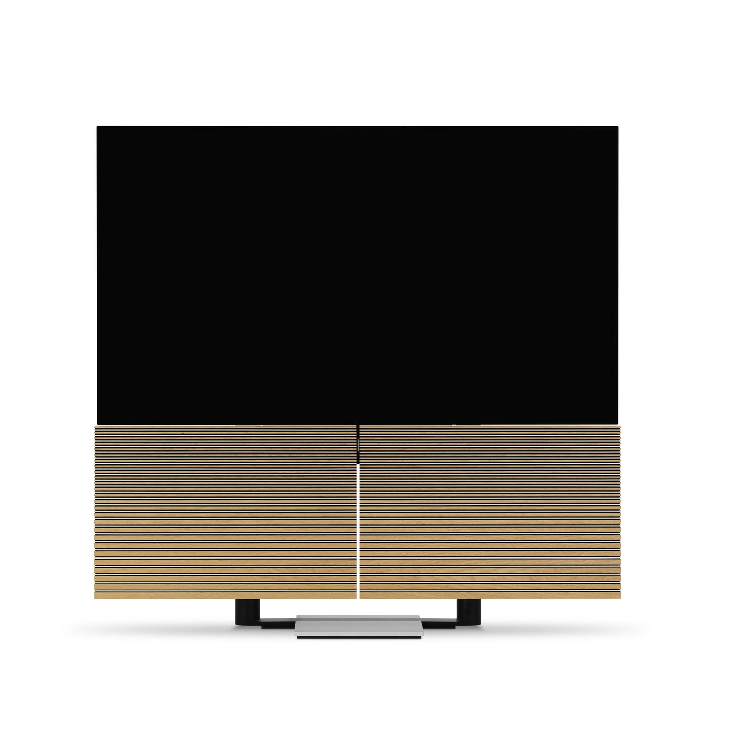 Beovision Harmony in silber/oak auf Bodenstandfuß sich öffnendes Soundcenter frontale Ansicht
