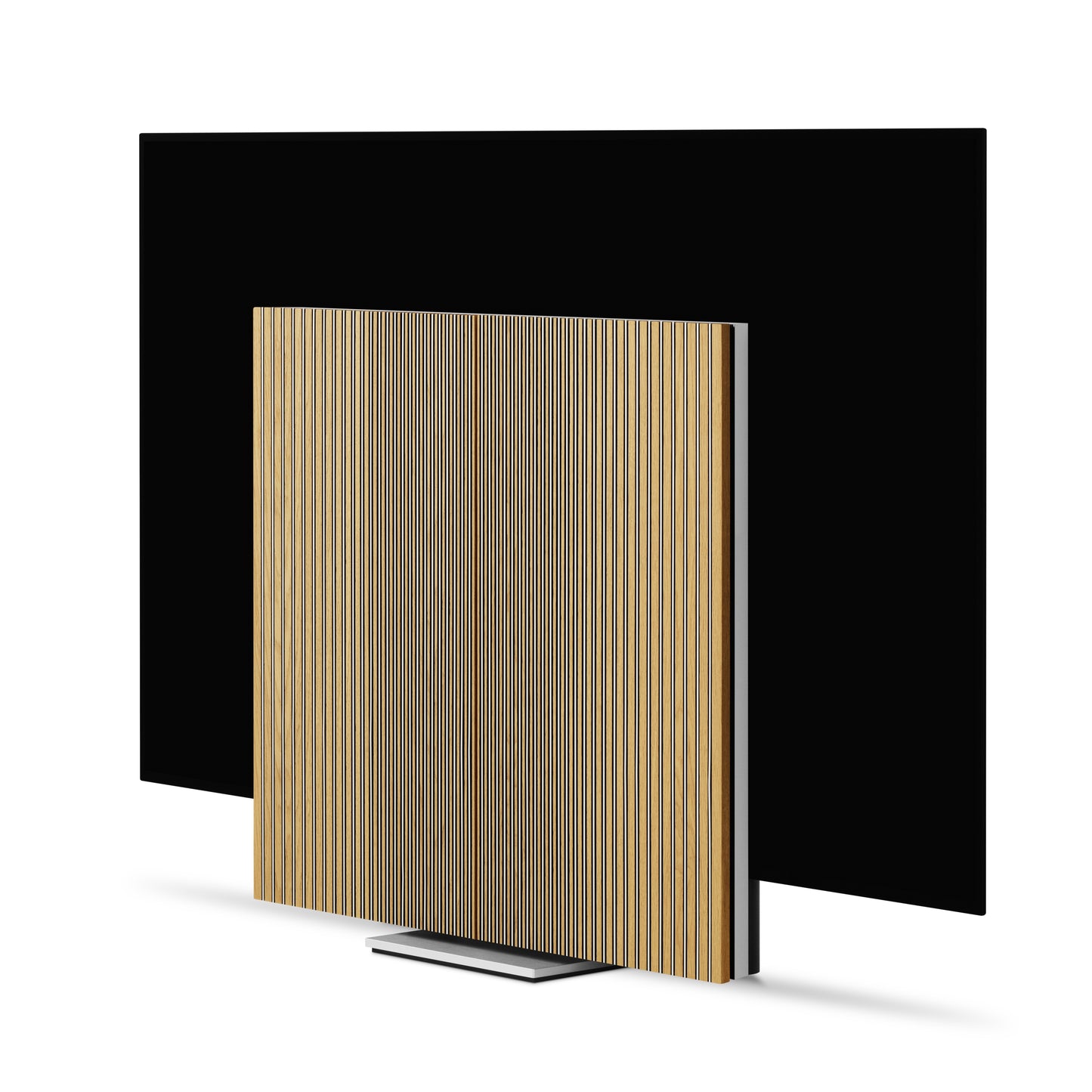 Beovision Harmony in silber/oak auf Bodenstandfuß sich öffnendes Soundcenter seitliche Ansicht