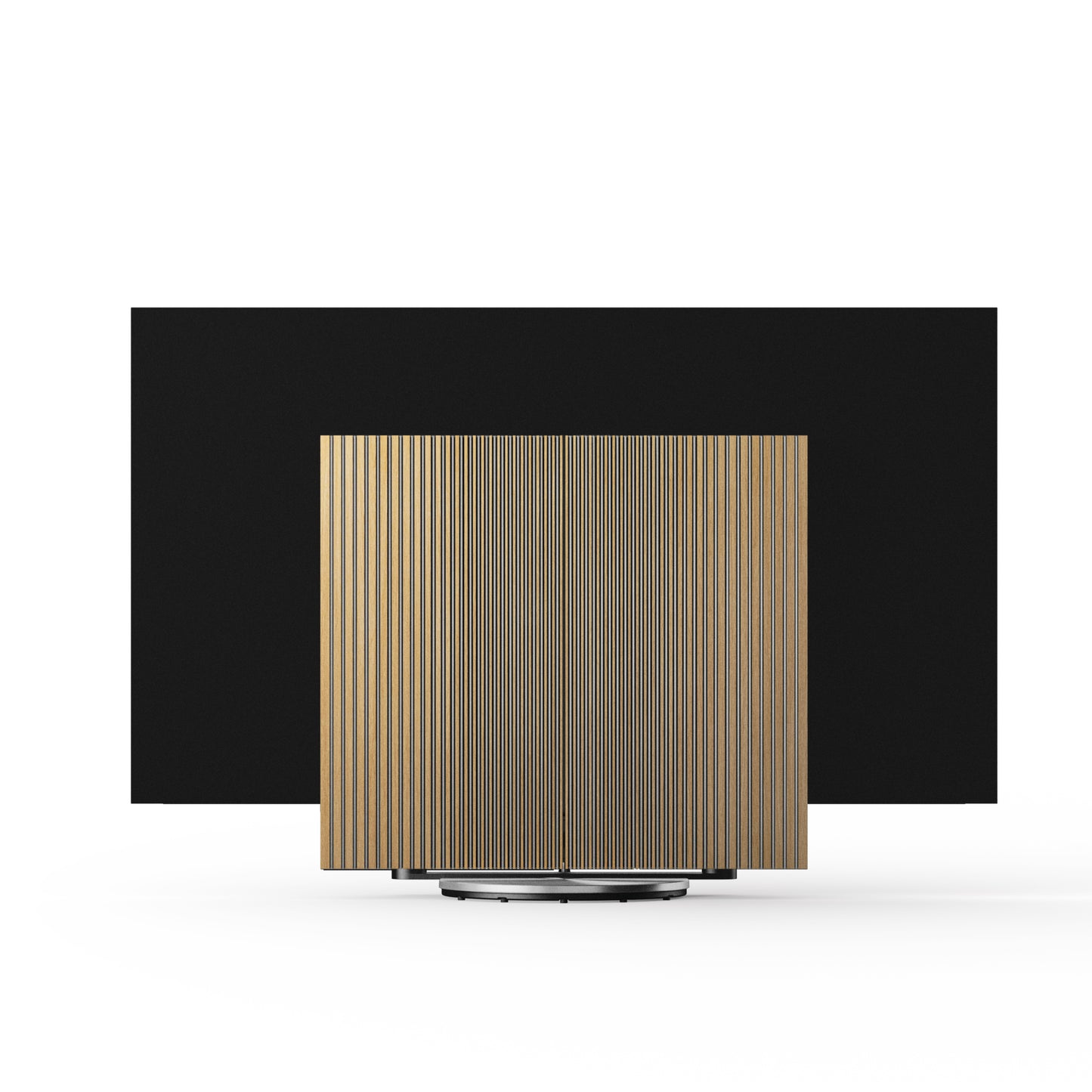 Beovision Harmony in silber/oak auf Motorbodenstandfuß frontale Ansicht bei geschlossenem Soundcenter