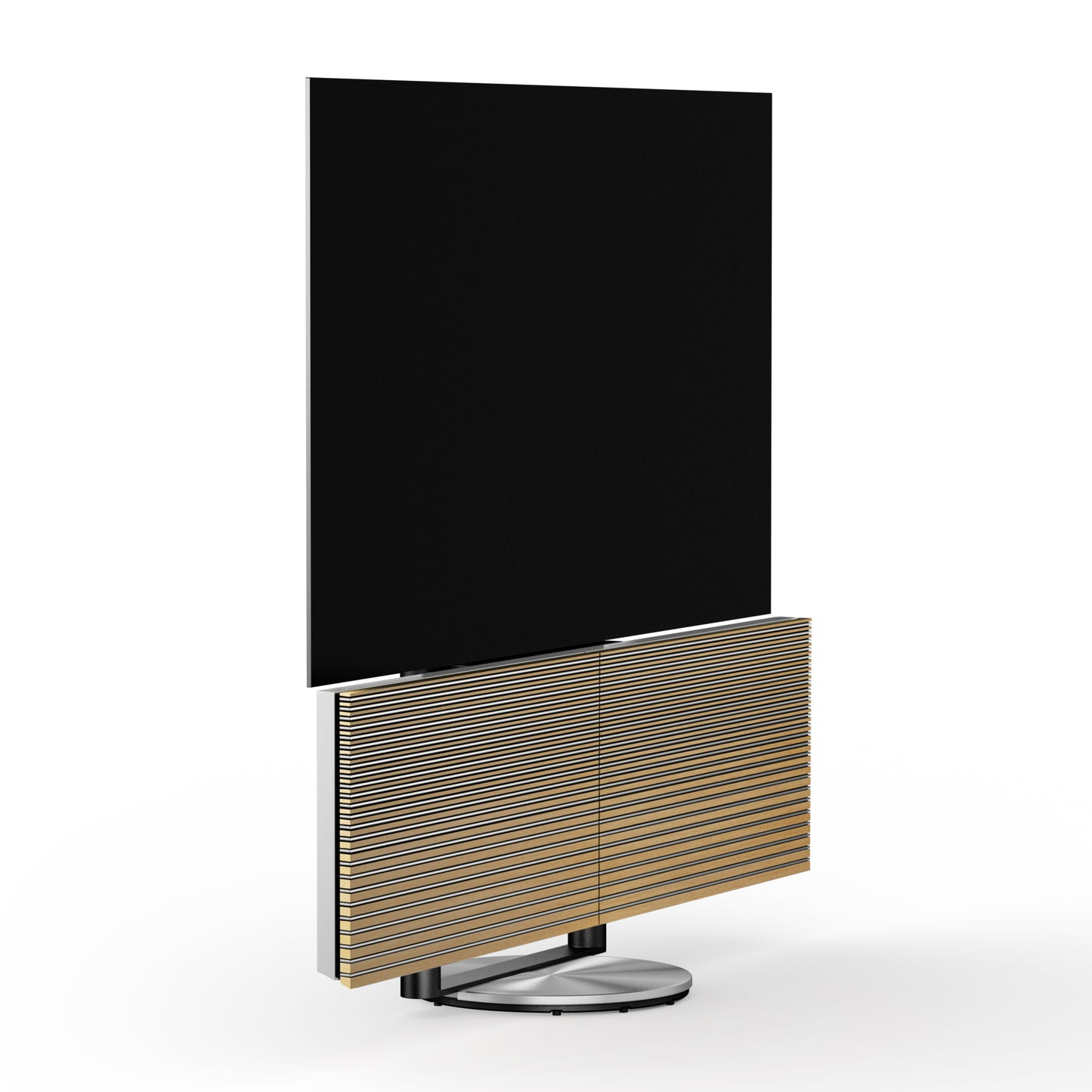 Beovision Harmony Silver mit Cover in Oak auf Motorbodenstandfuß seitliche Ansicht