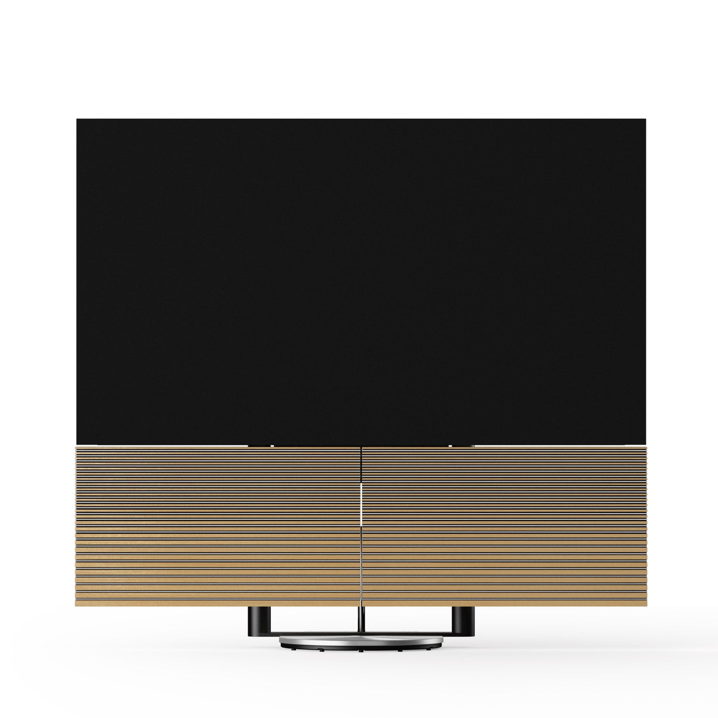 Beovision Harmony Silver mit Cover in Oak auf Motorbodenstandfuß frontal mit offenem Soundcenter