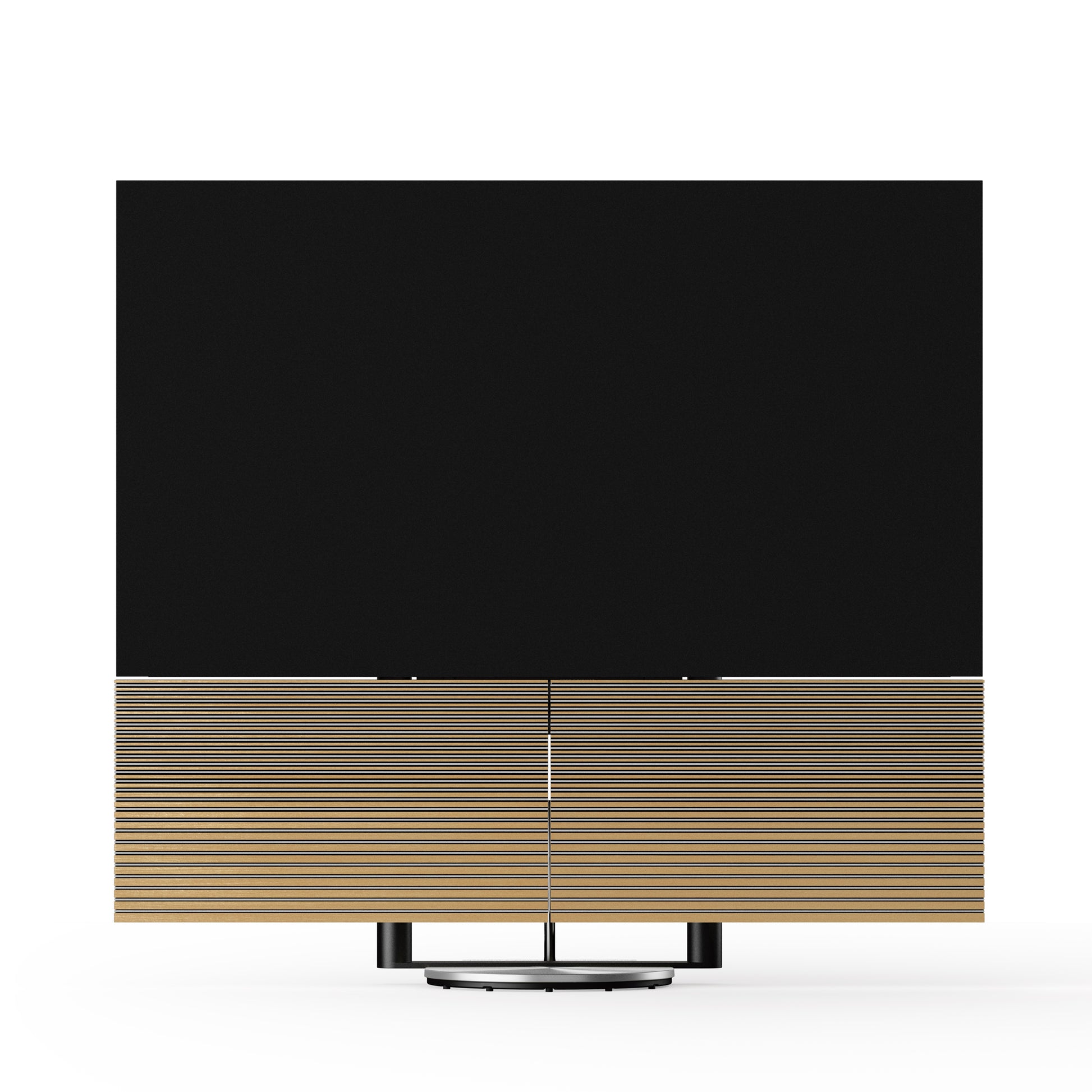 Beovision Harmony Silver mit Cover in Oak auf Motorbodenstandfuß frontal mit offenem Soundcenter