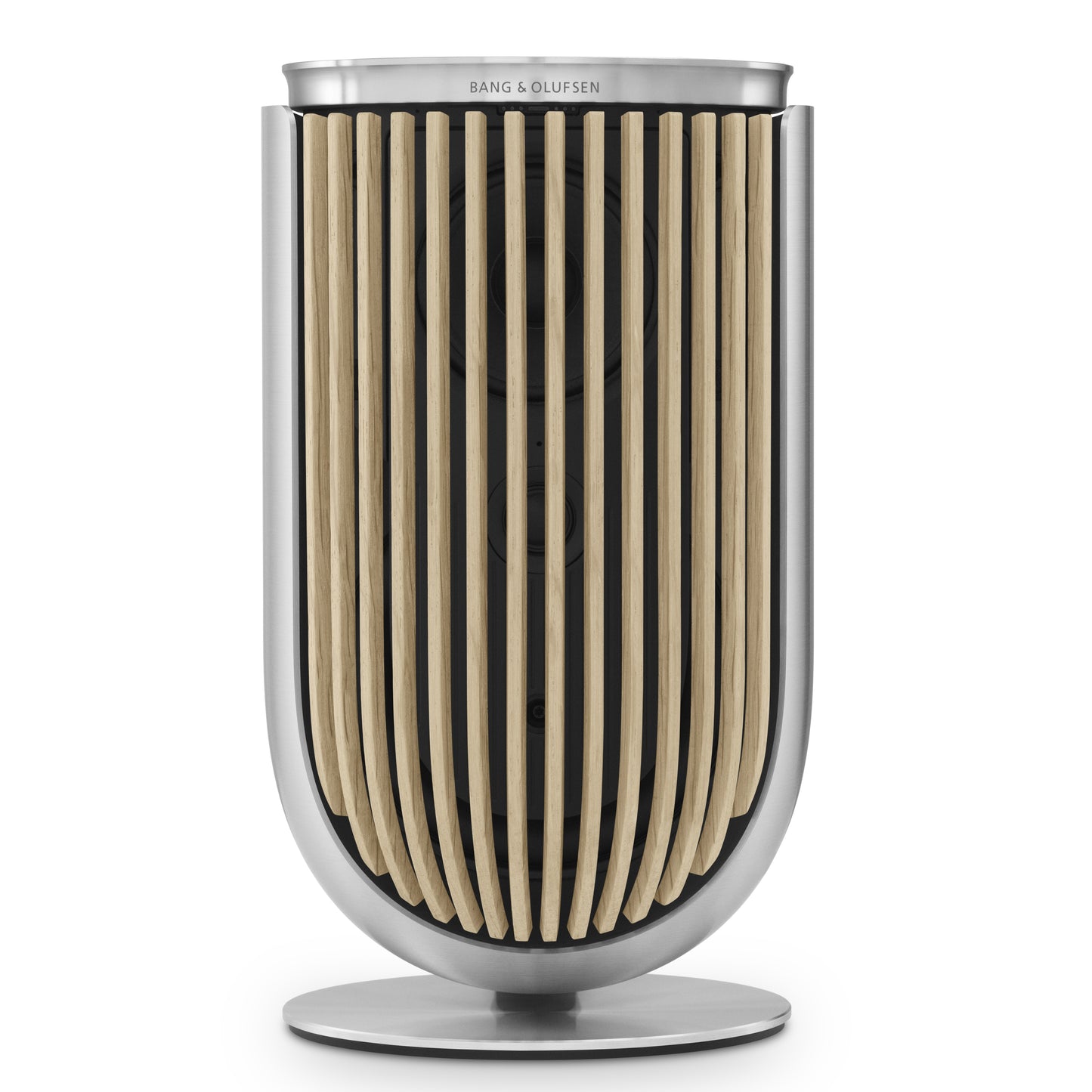 Bang & Olufsen BeoLab 8 in silber mit Light Oak Cover auf Tischstandfuß
