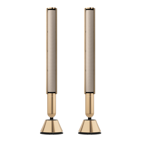 Bang & Olufsen, B&O Beolab 28 in Goldtone mit inner Covers in golden knit und Holzvorhngen in light oak