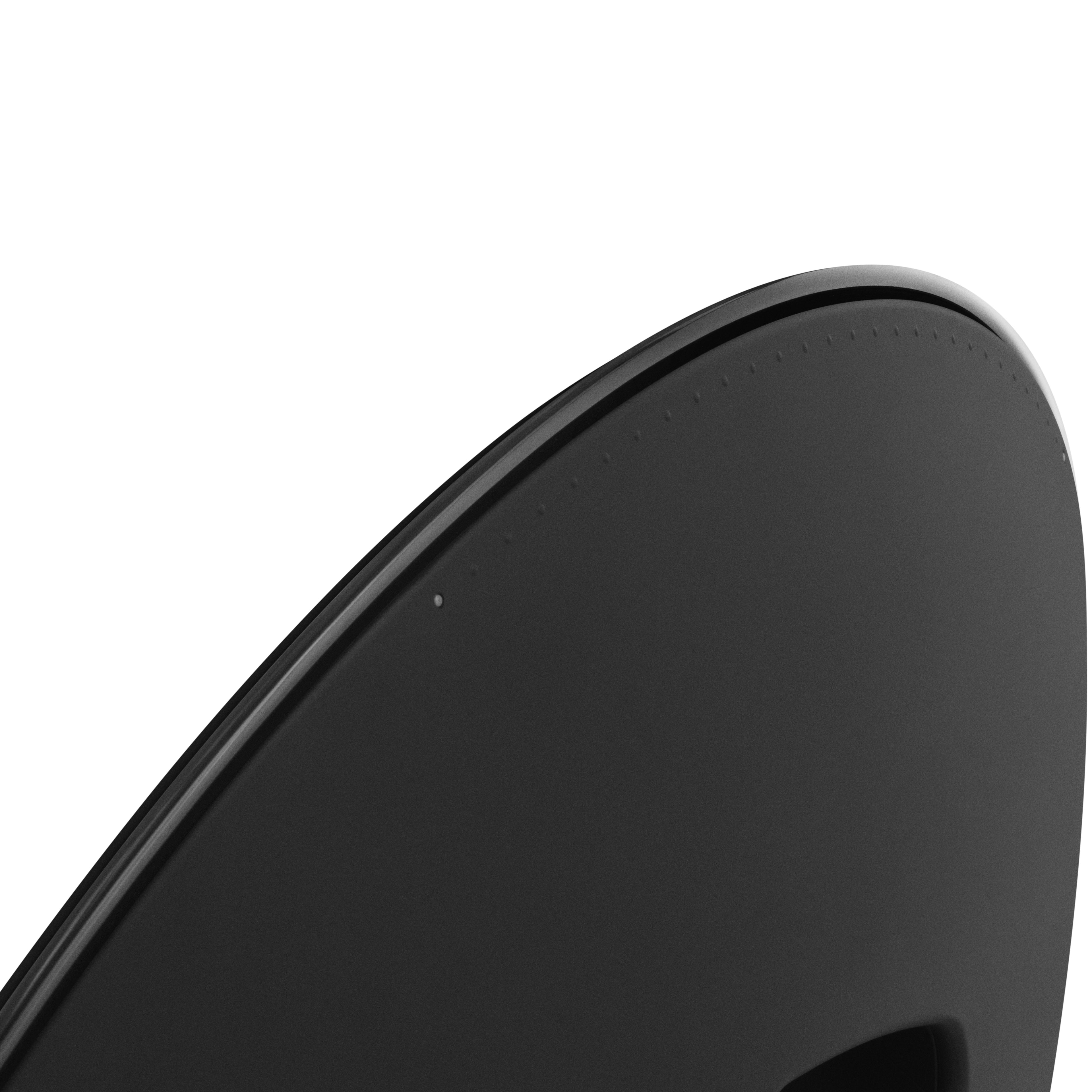 Nahaufnahme der oberen Rückseite einer Beosound A9 in Black Anthracite. Das Bild zeigt den anthrazitfarbenen Aluminiumring und die dezenten, haptischen Punkte auf dem schwarzen Gehäuse, die als Touch-Interface für die Lautstärkeregelung dienen. Minimalistisches Technik-Detail, freigestellt auf weißem Hintergrund.