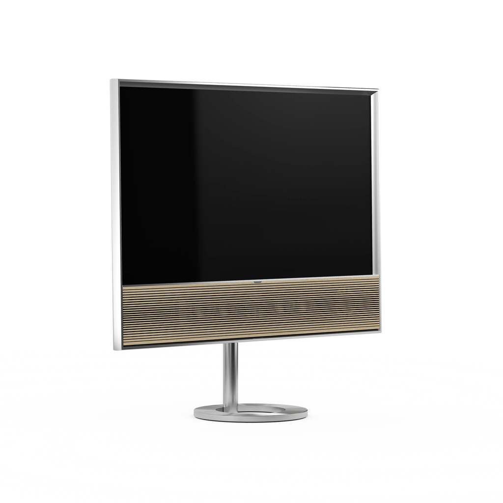 Bang & Olufsen Beovision Contour in natural aluminium mit Holzcover in light oak auf Bodenstandfuß