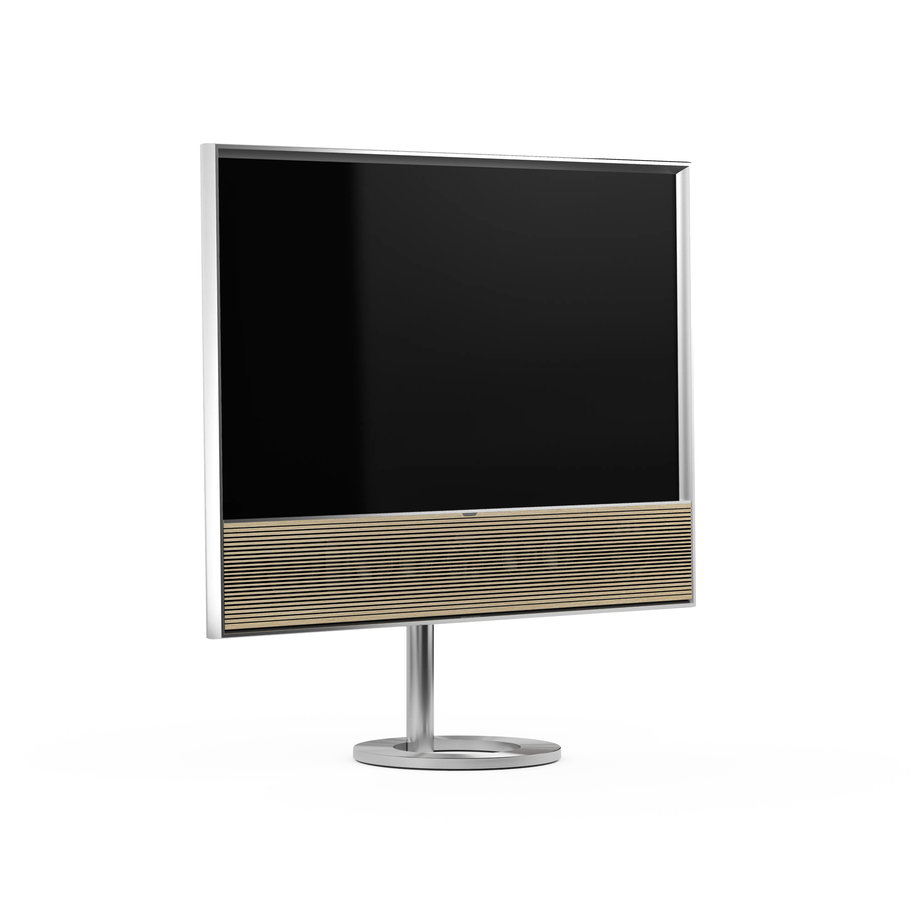 Bang & Olufsen Beovision Contour in natural aluminium mit Holzcover in light oak auf Bodenstandfuß