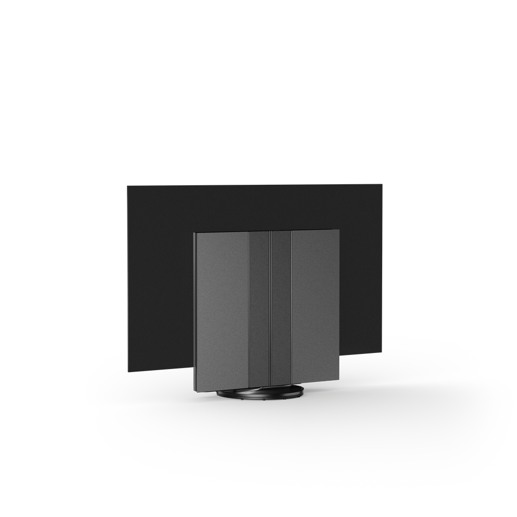 Bang & Olufsen, B&O, Beovision Harmony in Black Anthracite / Grey Melange Cover  - frontale Ansicht, Soundcenter geschlossen, motorisierter Bodenstandfuß