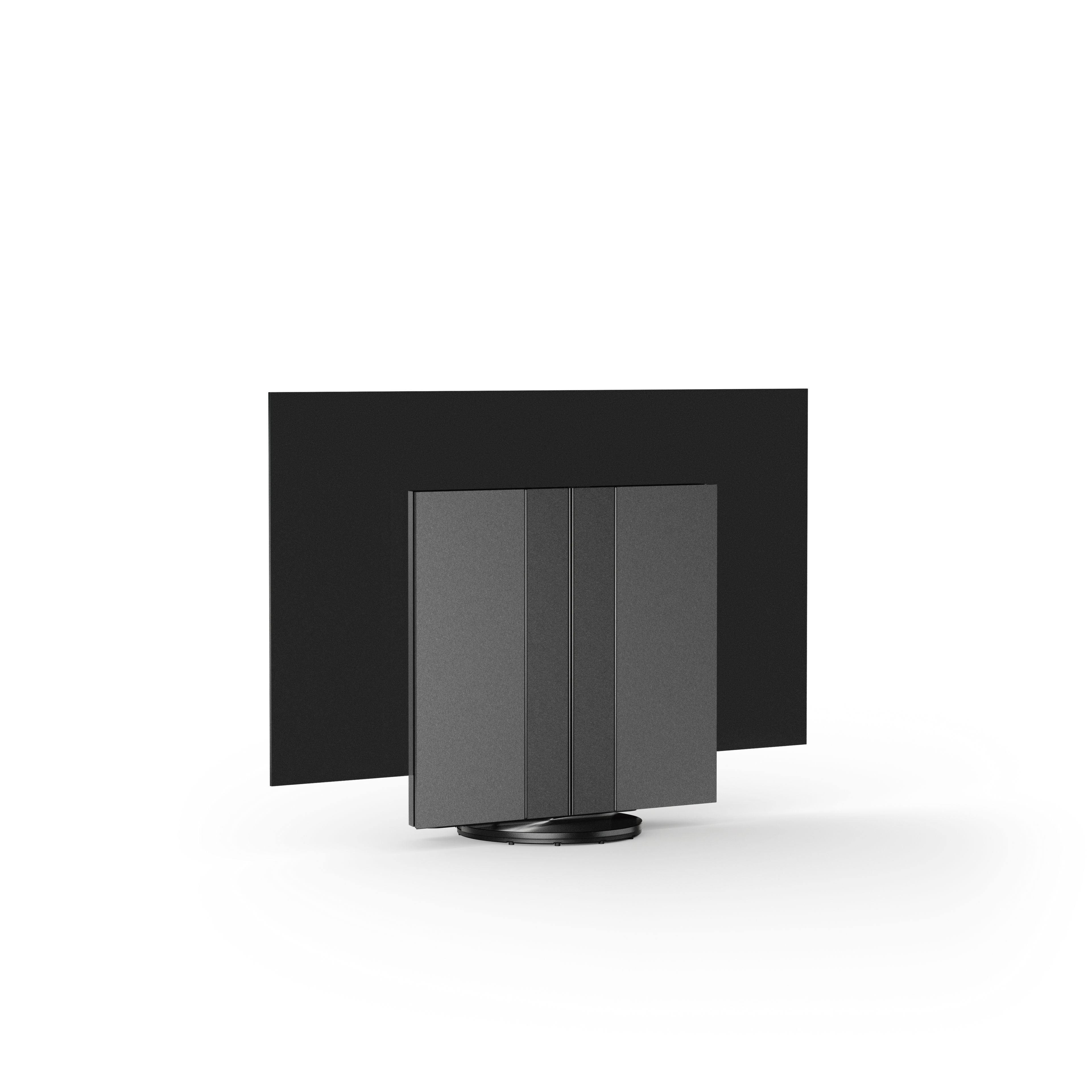 Bang & Olufsen, B&O, Beovision Harmony in Black Anthracite / Grey Melange Cover  - frontale Ansicht, Soundcenter geschlossen, motorisierter Bodenstandfuß