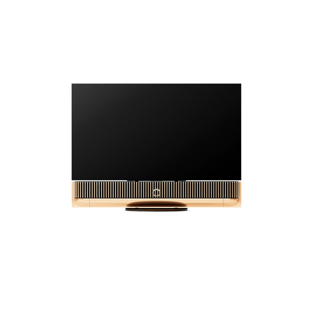 Bang & Olufsen, B&O, Beovision Theatre 55 in Gold Tone mit Holzcover in light oak auf Tischstandfuß
