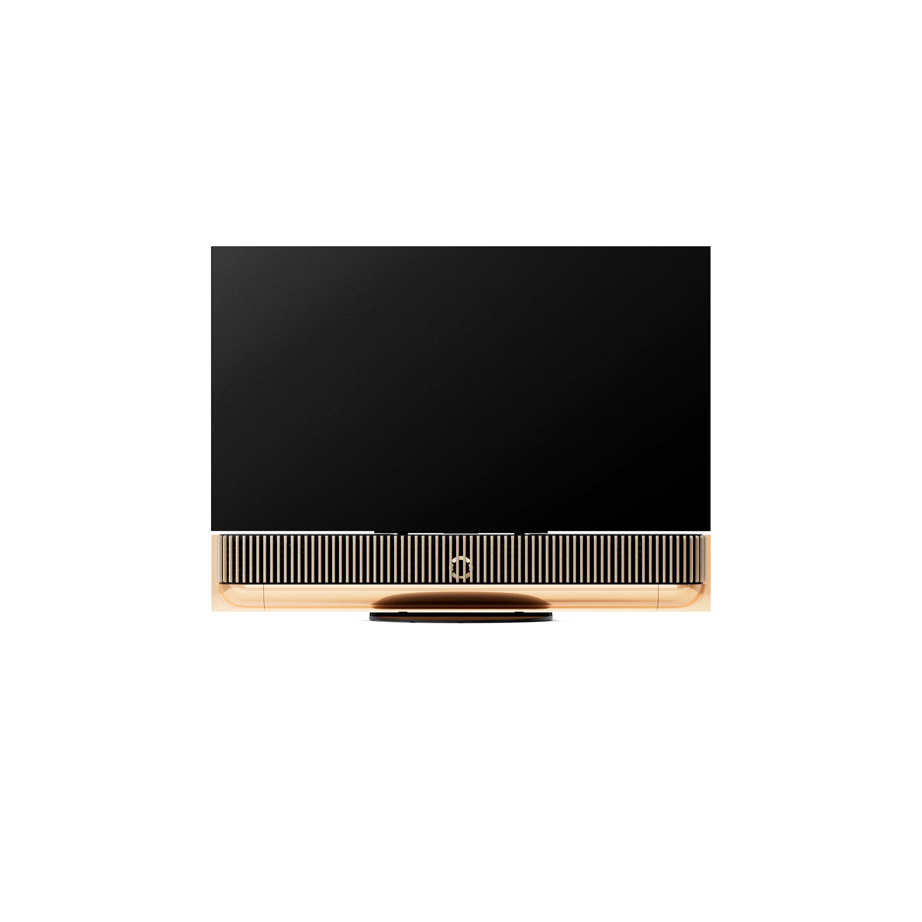 Bang & Olufsen, B&O, Beovision Theatre 55 in Gold Tone mit Holzcover in light oak auf Tischstandfuß