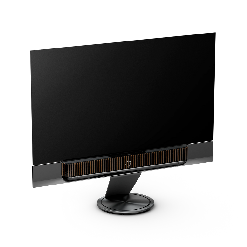 Bang & Olufsen, B&O, Beovision Theatre 77 Zoll Black Anthracite mit Holzabdeckung in Dark Oak auf Bodenstandfuß