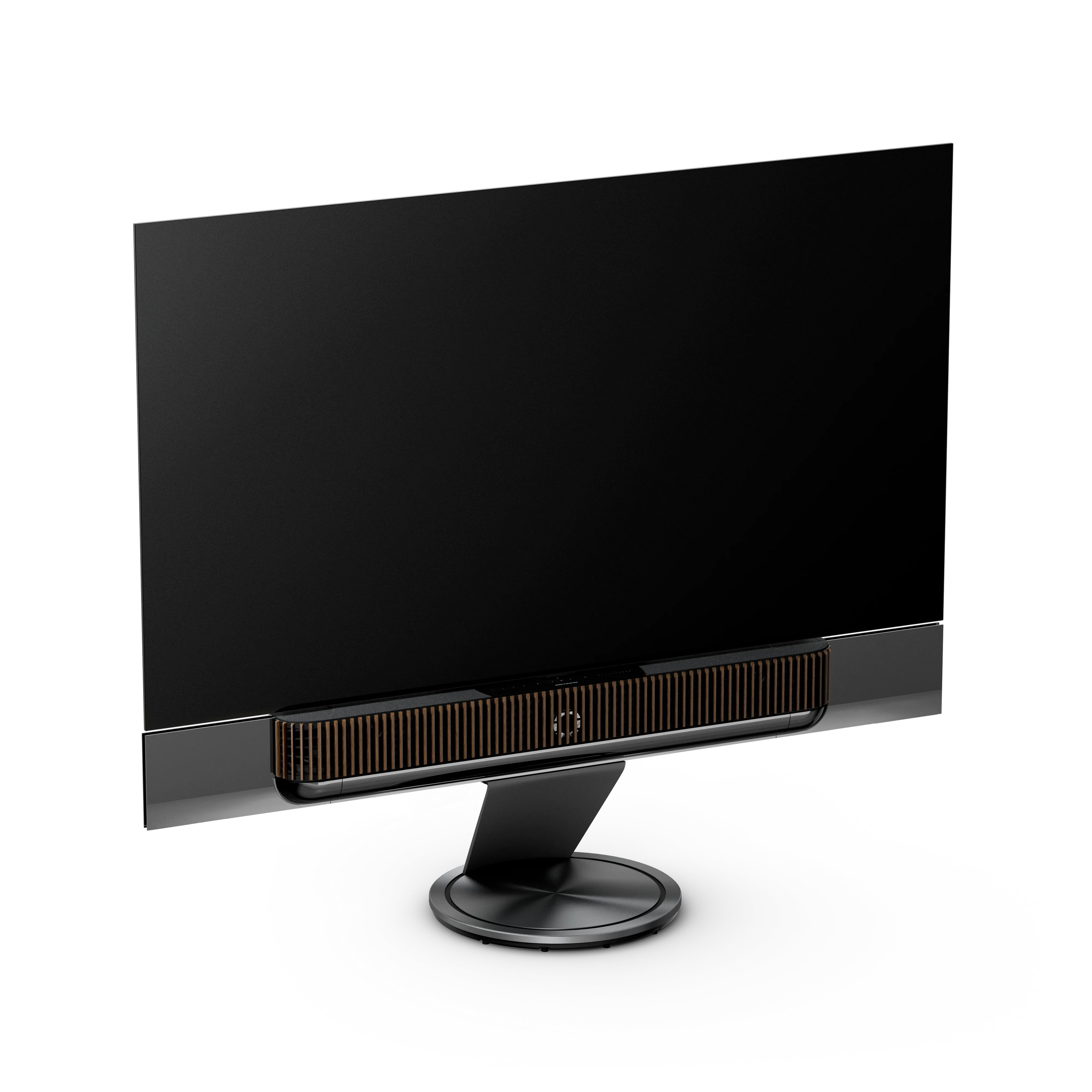 Bang & Olufsen, B&O, Beovision Theatre 77 Zoll Black Anthracite mit Holzabdeckung in Dark Oak auf Bodenstandfuß