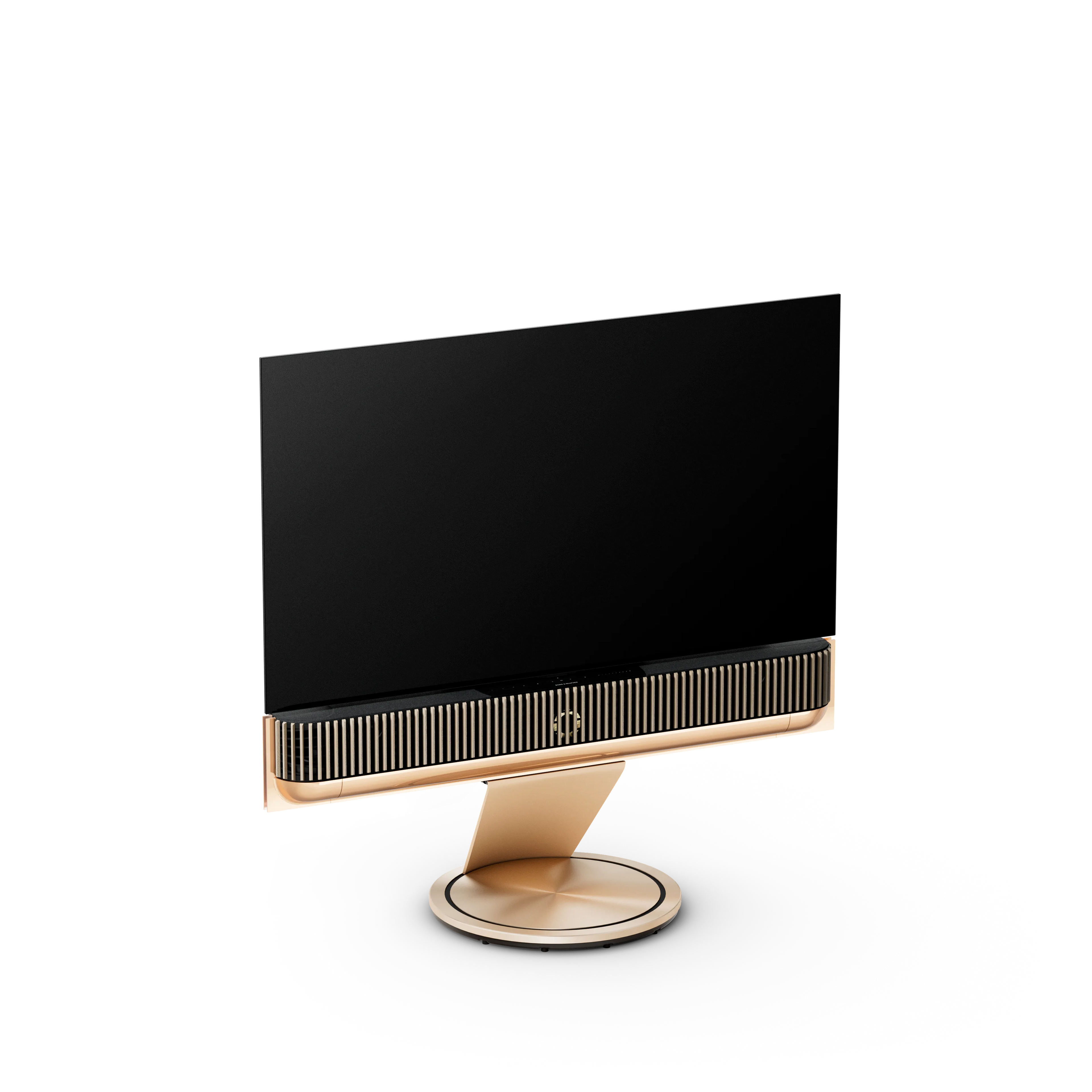 Bang & Olufsen, B&O, Beovision Theatre 55Zoll in Gold Tone mit Holzcover in Light oak auf Bodenstandfuß