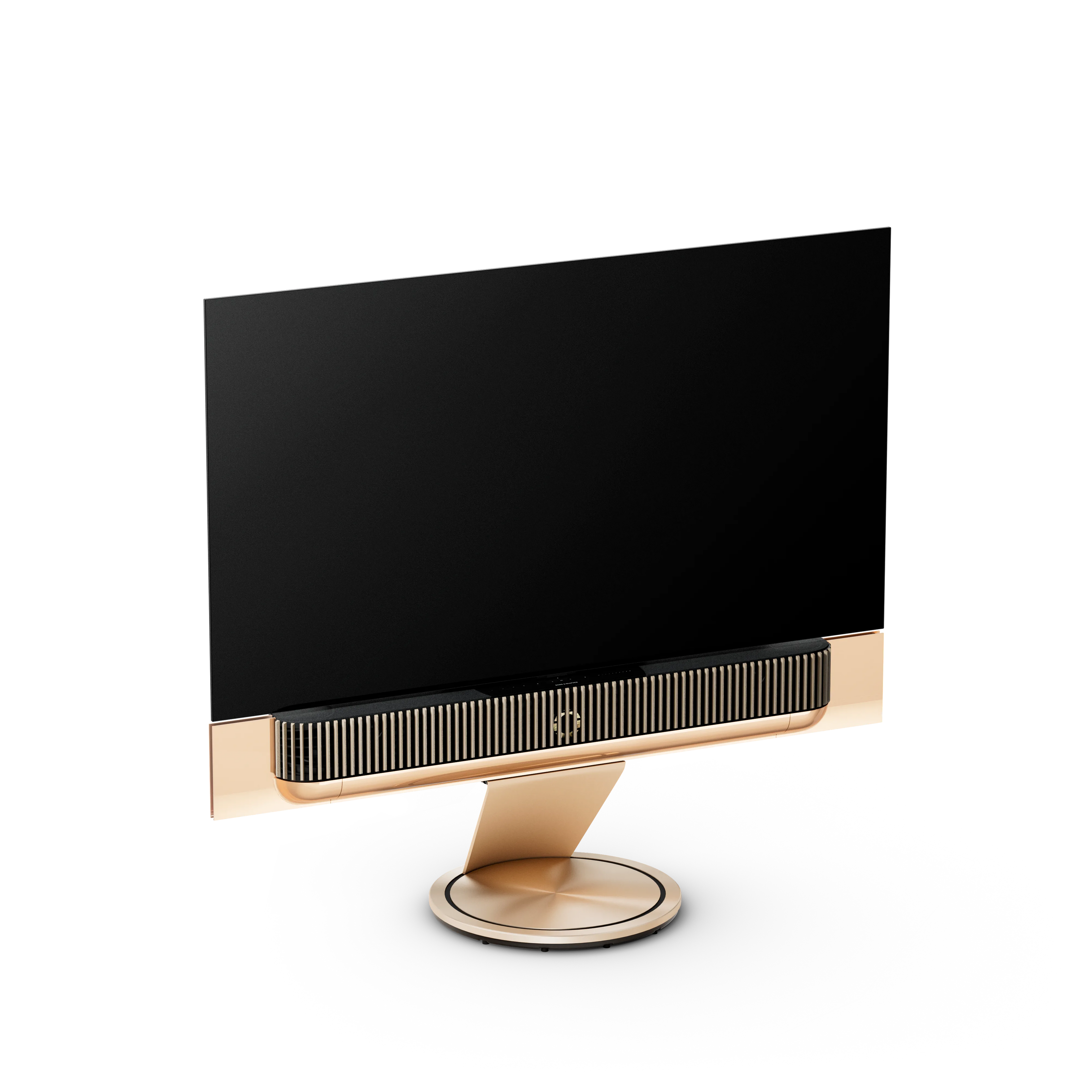 Bang & Olufsen, B&O, Beovision Theatre 65 Zoll in Gold Tone mit Holzcover in Light oak auf Bodenstandfuß5 