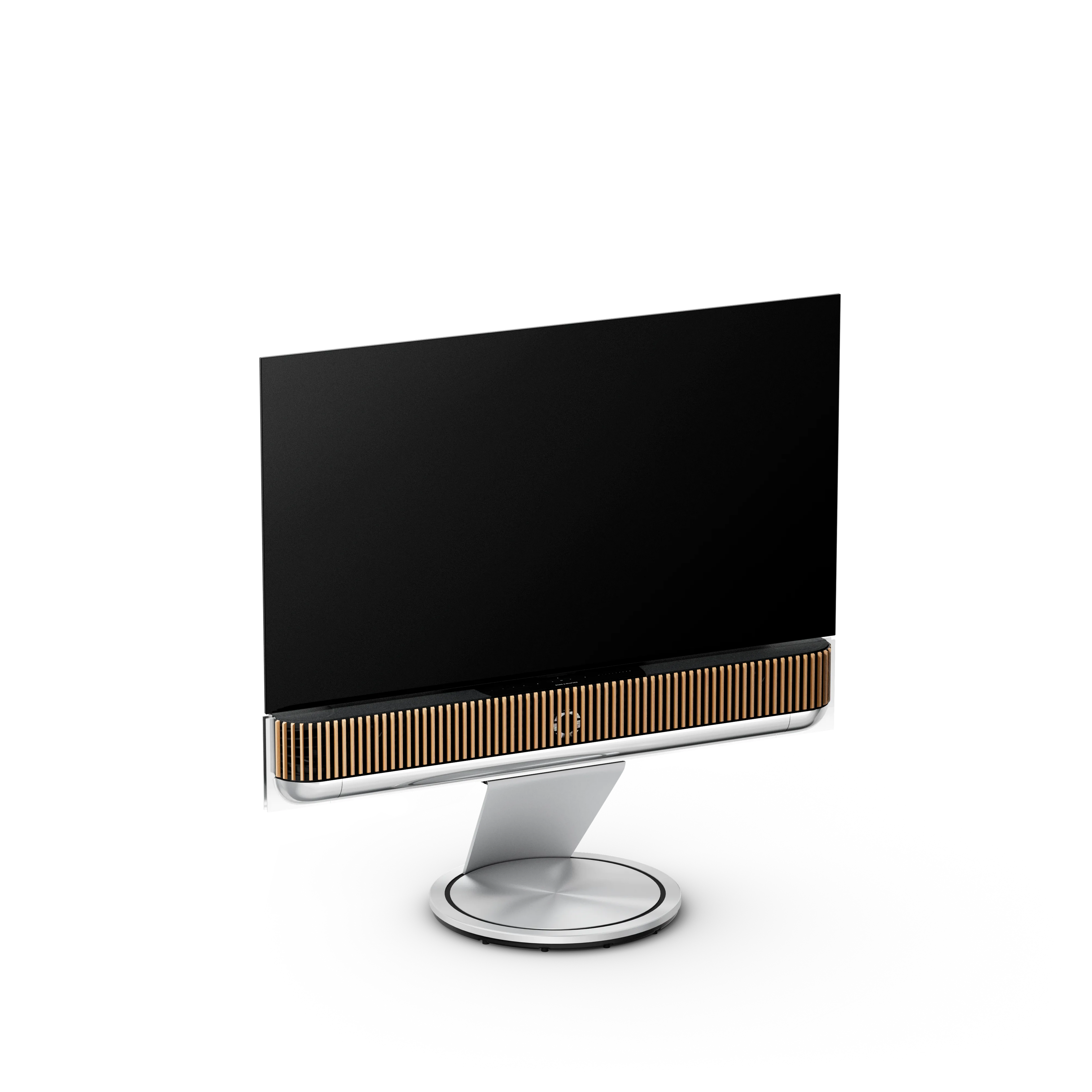 Bang & Olufsen, B&O, Beovision Theatre 55 Zoll in silber mit Holzcover aus Eichenholz auf Bodenstandfuß