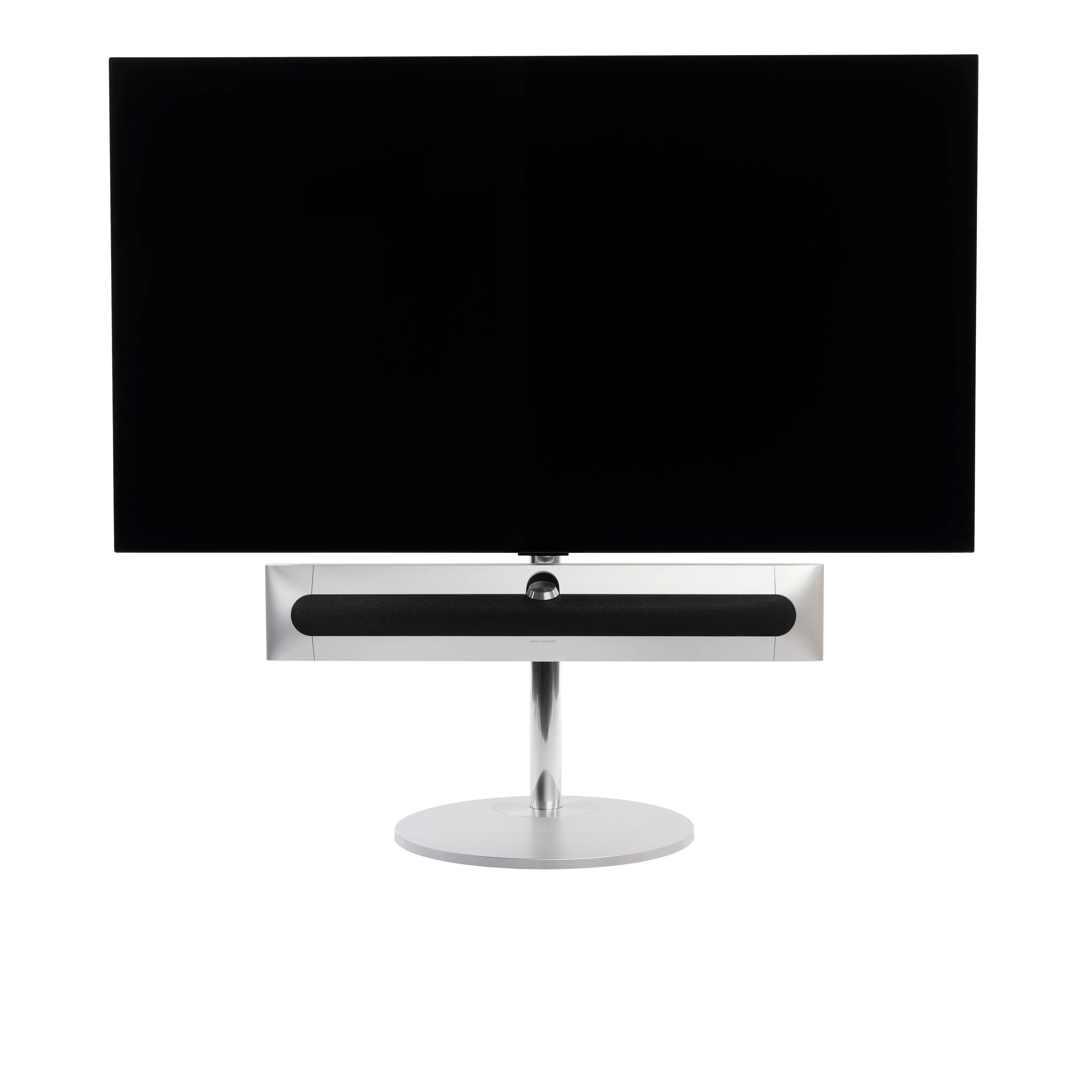 Beosound Premiere in natural aluminium auf STB Bodenstandfuß, mit Stoffcover in Grey Mélange, mit 65 Zoll LG OLED Panel - Frontale Ansicht
