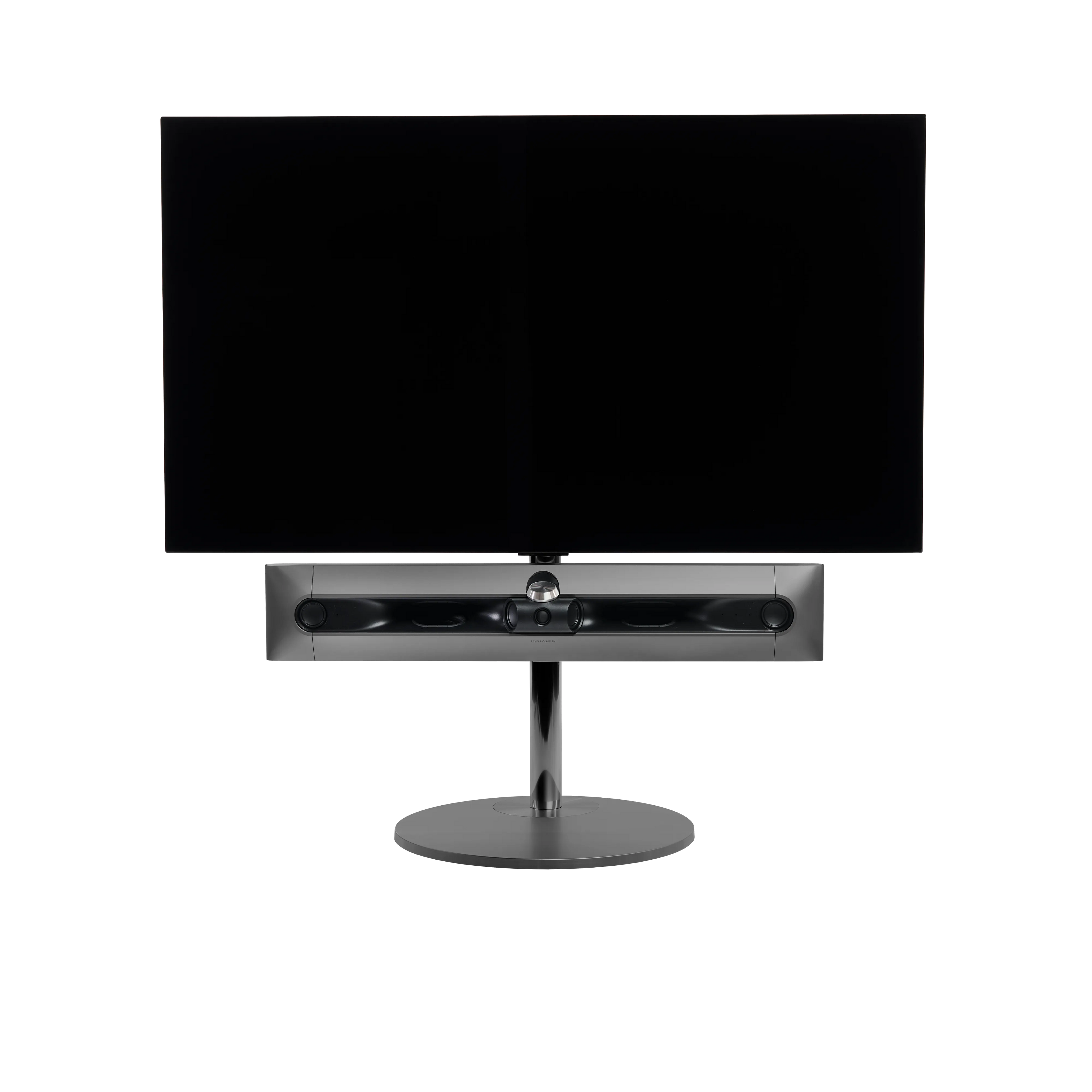 Beosound Premiere in black anthracite auf Bodenstandfuß von stb brackets,  ohne Abdeckung vorn, mit 55  Zoll LG OLED Panel - Ansicht frontal 