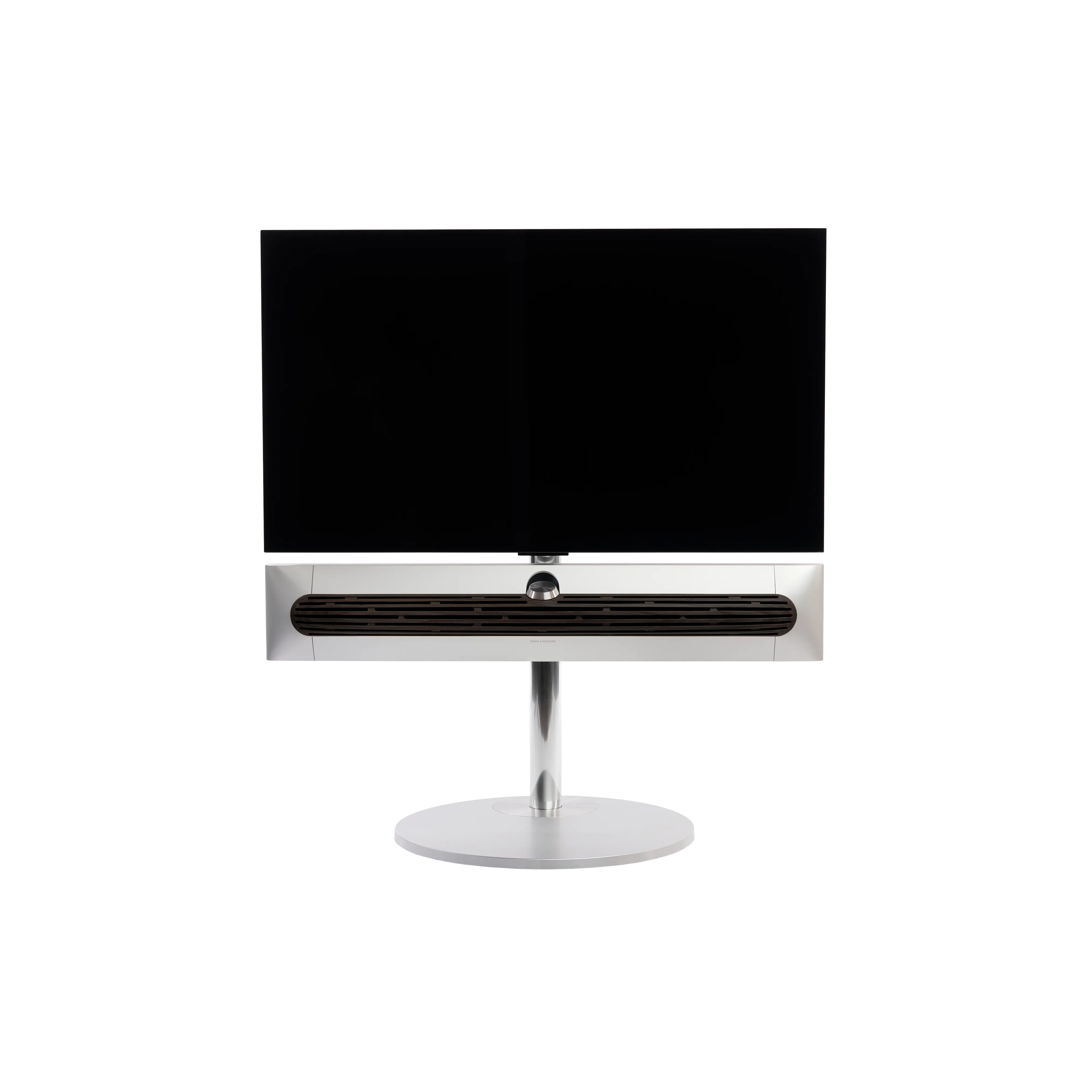 Beosound Premiere in silber auf STB Standfuß mit Holzcover in Dark oak und 42 Zoll Panel