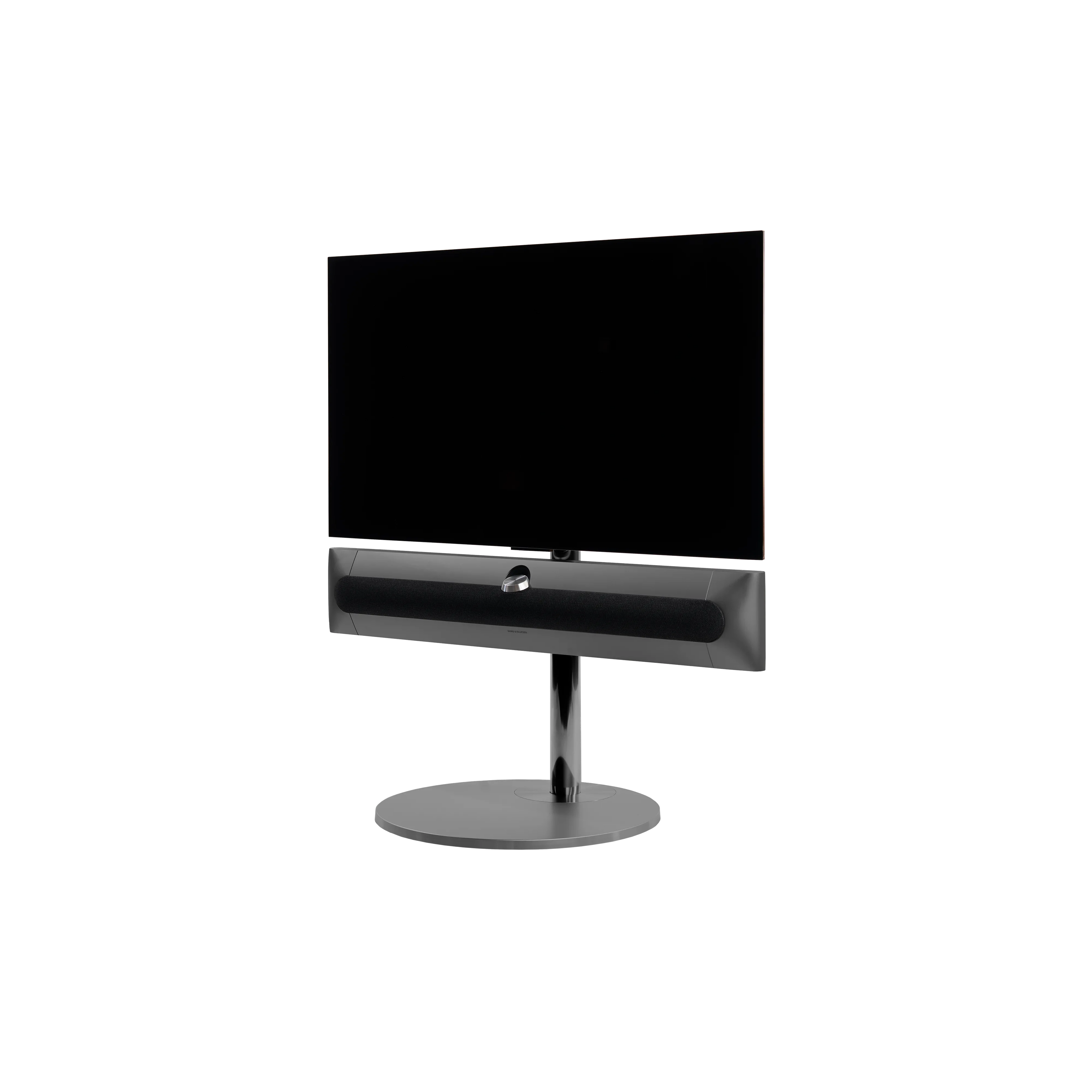 Beosound Premiere in black anthracite auf Bodenstandfuß von stb brackets,  mit Stoffcover, mit 42  Zoll LG OLED Panel - Ansicht schräg vorn 