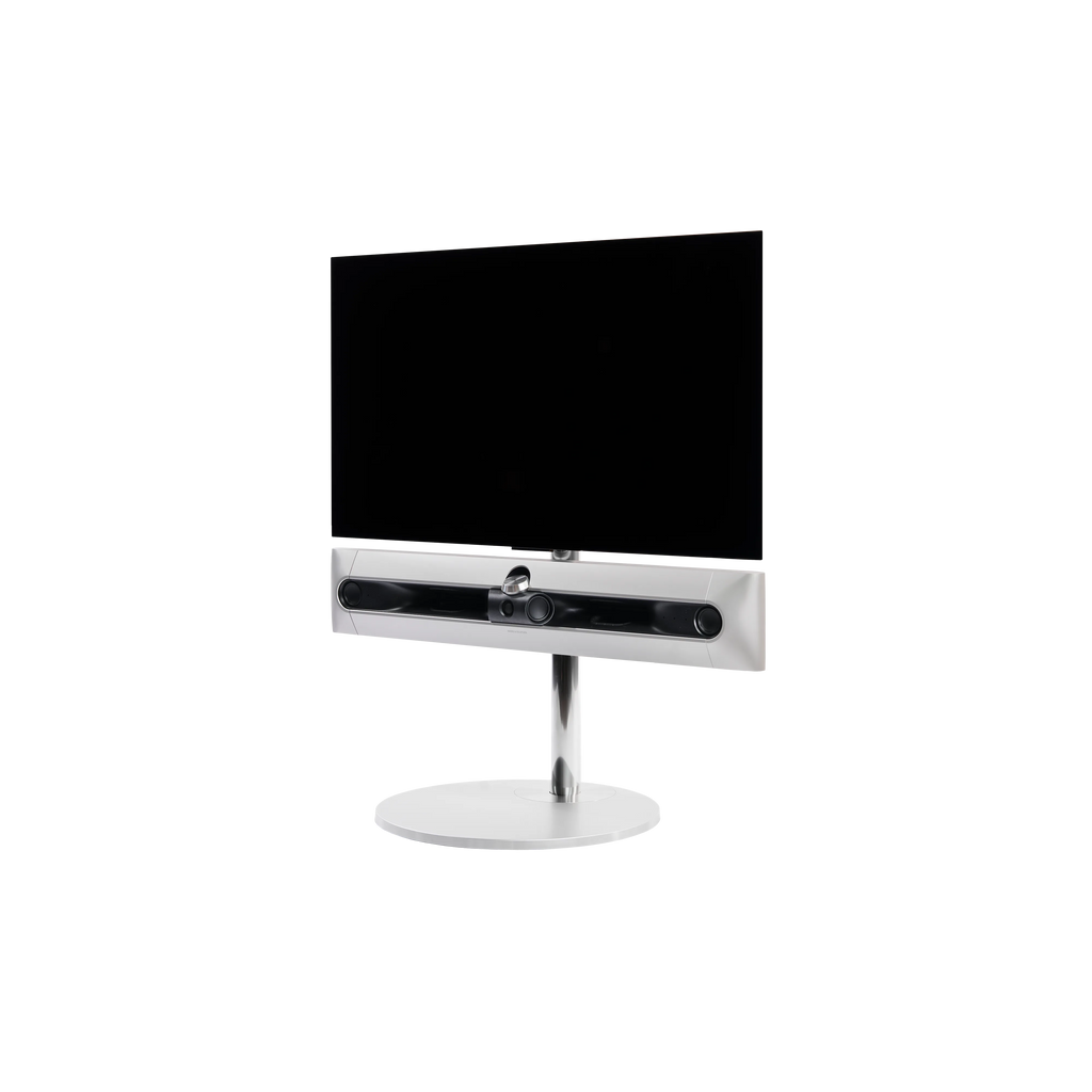 Beosound Premiere in natural aluminium auf STB Bodenstandfuß ohne Cover, mit 42 Zoll LG OLED Panel - Ansicht schräg von der Seite