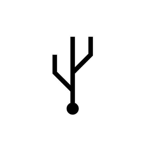 Minimalistisches USB-Icon in Schwarz auf weißem Hintergrund. Das klare Linien-Symbol kennzeichnet Anschlussmöglichkeiten, USB-C Schnittstellen für digitale Audioübertragung oder Ladefunktionen bei Bang & Olufsen Geräten und Zubehör.