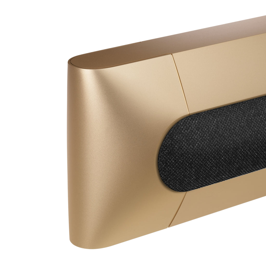 Bang & olufsen Beosound Premiere Soundbar in Gold Tone - Ansicht von vorn mit Cover aus Stoff in Grey Mélange