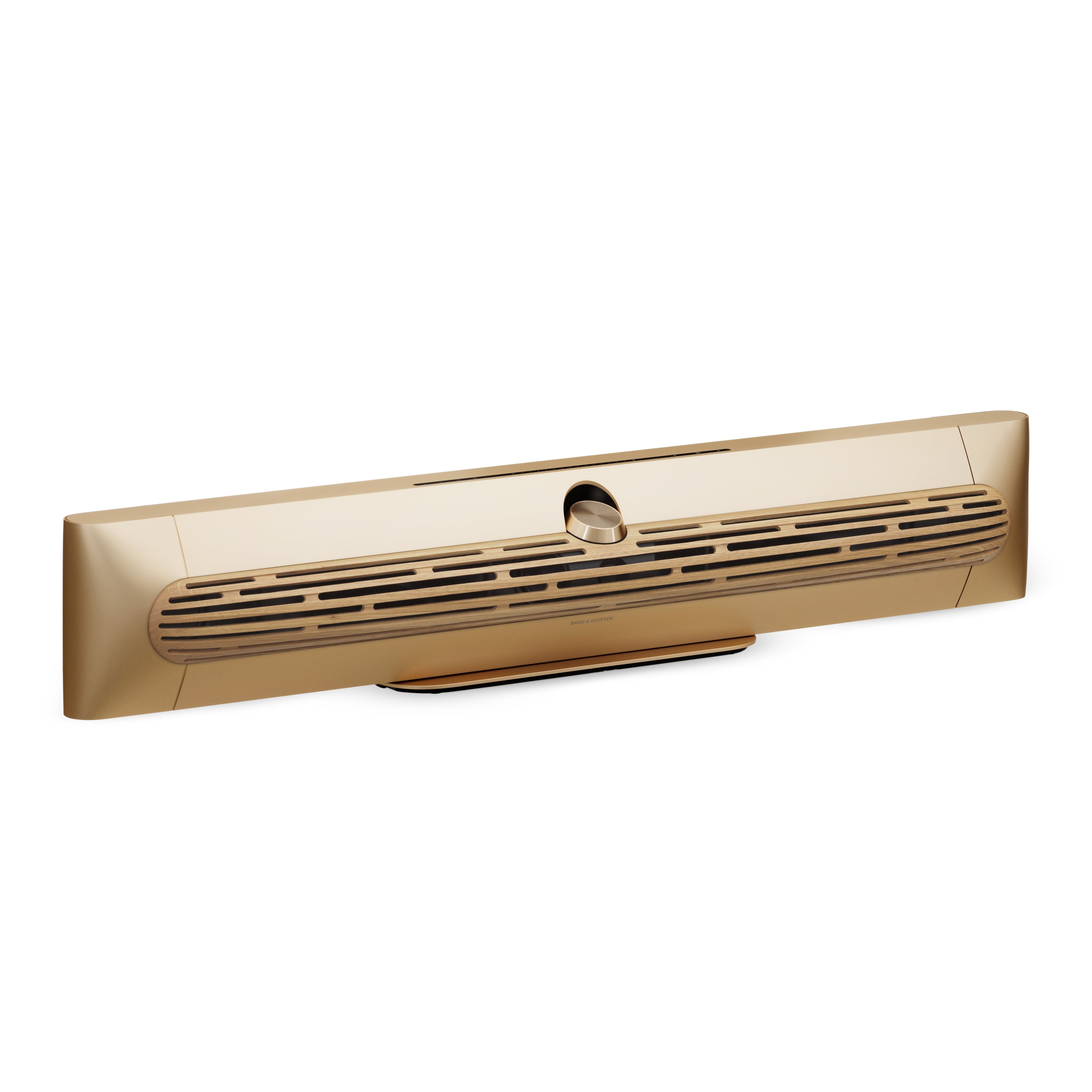 Bang & olufsen Beosound Premiere Soundbar in Gold Tone - Ansicht von vorn mit Cover aus Eichenholz auf Tischstandfuß