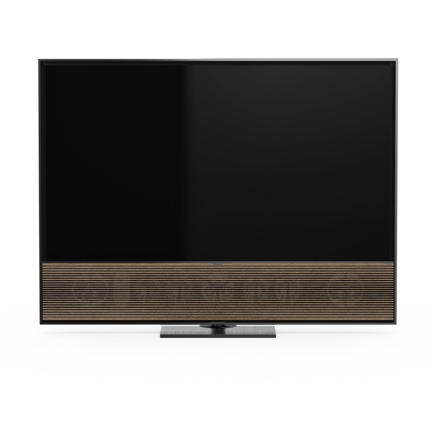 B&O Bang & Olufsen Beovision Contour in 55 Zoll in Black Anthracite mit smoked oak Cover auf Tischstandfuß - Ansicht von vorn