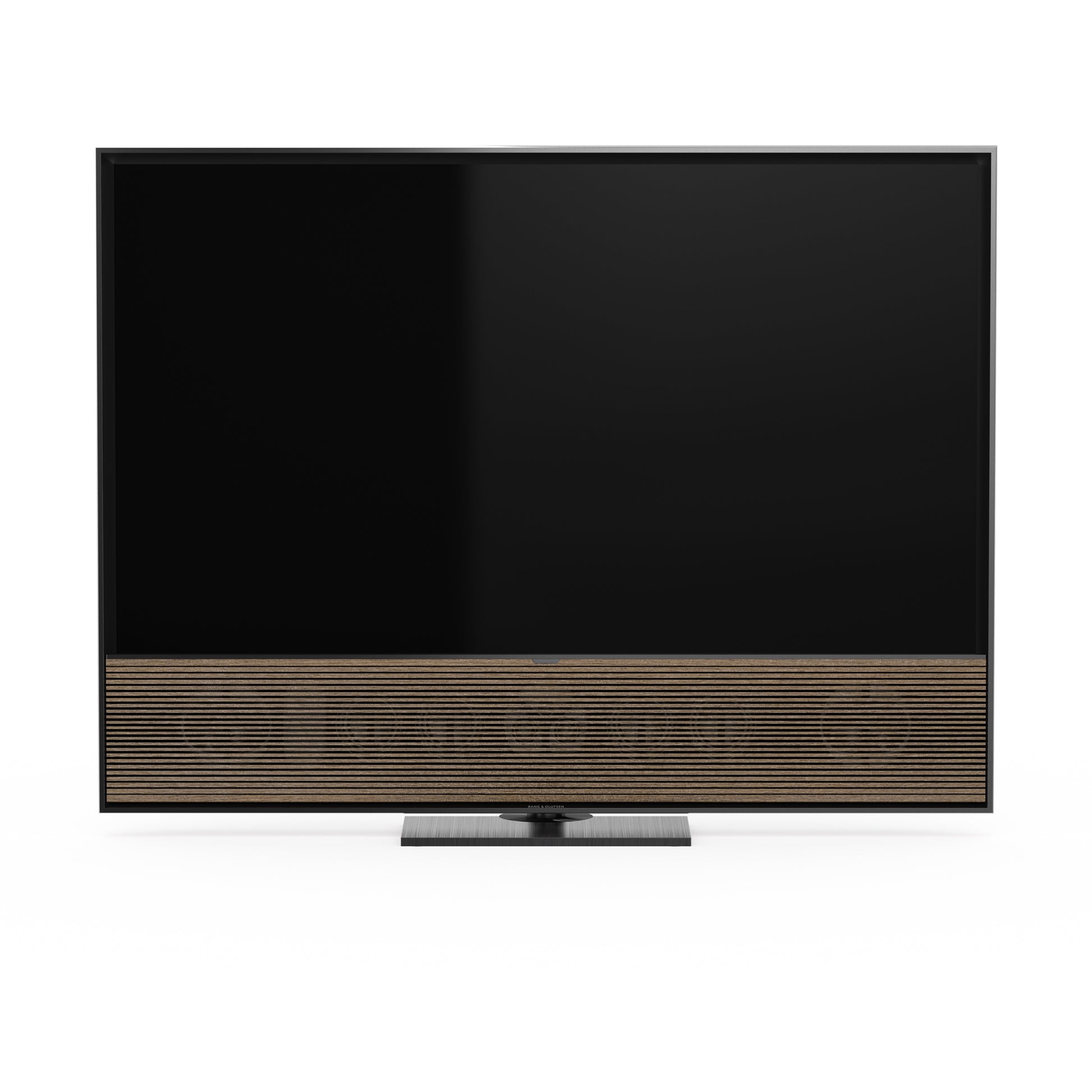 B&O Beovision Contour 48 Zoll Black Anthracite - auf Tischstandfuß  mit smoked oak Cover - Frontansicht 