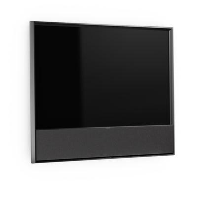 B&O Beovision Contour 48 Zoll Black Anthracite - an Wandhalterung mit Grey Mélange Cover - frontal- seitliche Ansicht 