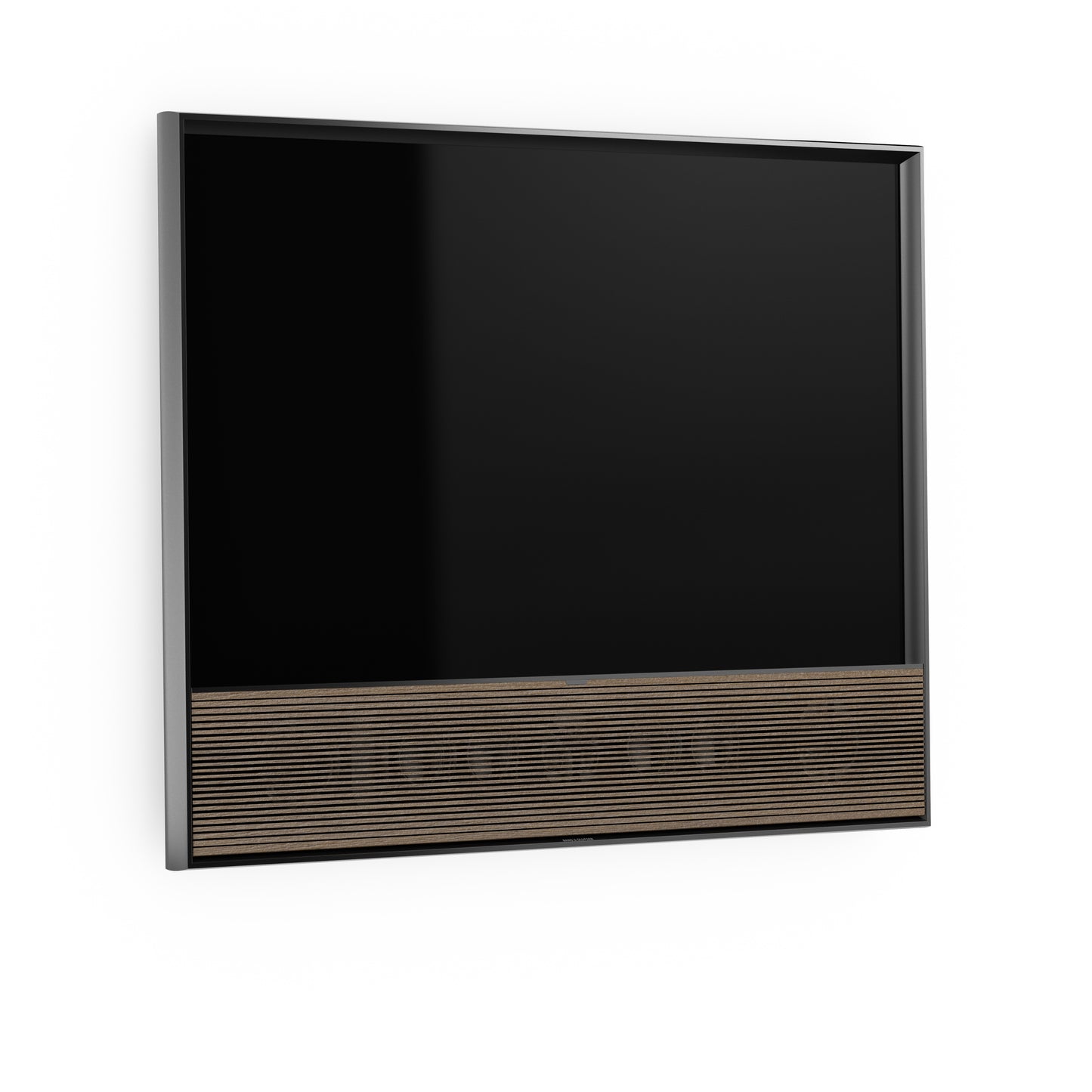 B&O Beovision Contour 48 Zoll Black Anthracite - an Wandhalterung mit smoked oak Cover - frontal- seitliche Ansicht 