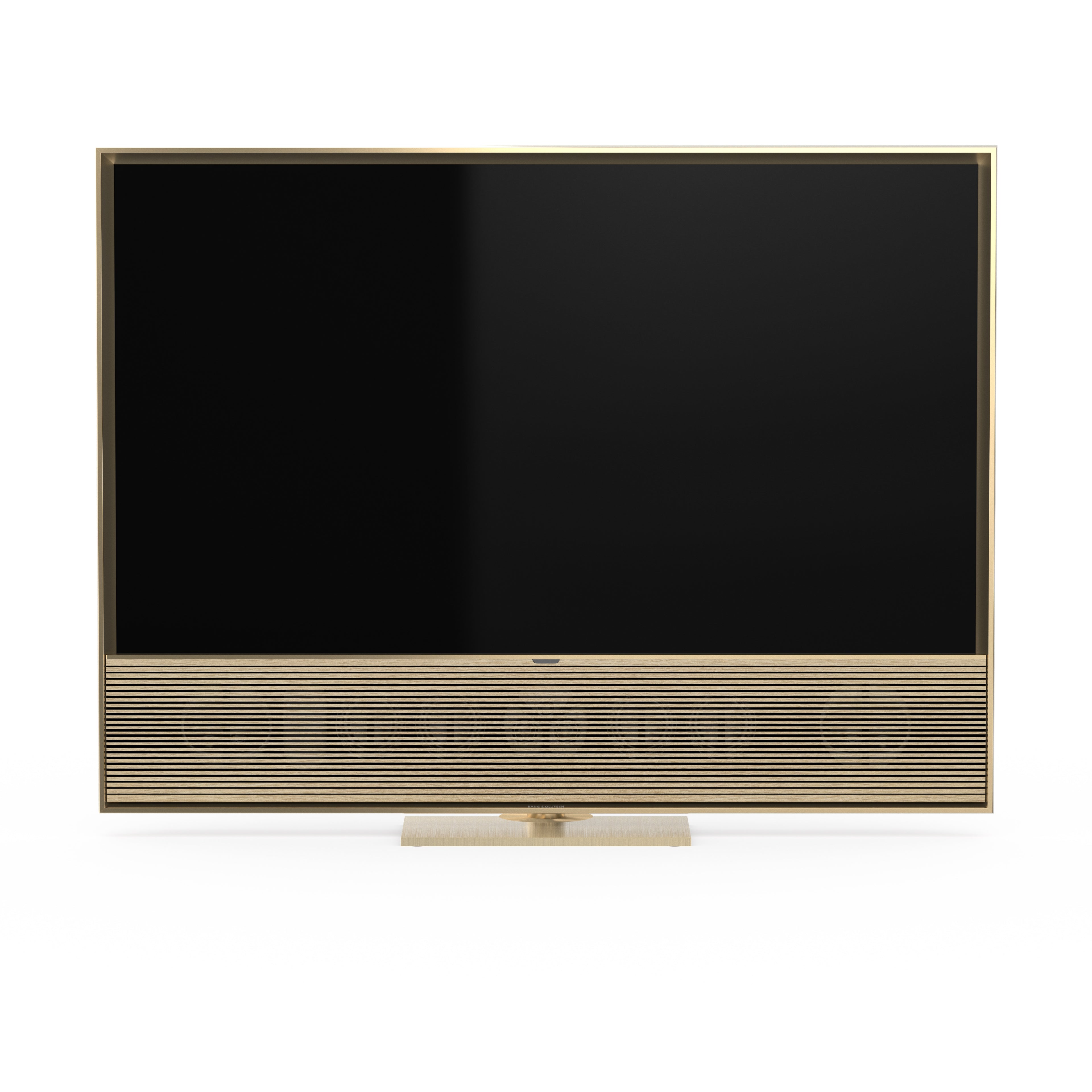 B&O Bang & Olufsen Beovision Contour in 55 Zoll in Gold Tone mit Light oak Cover auf Tischstandfuß - Ansicht von Vorn