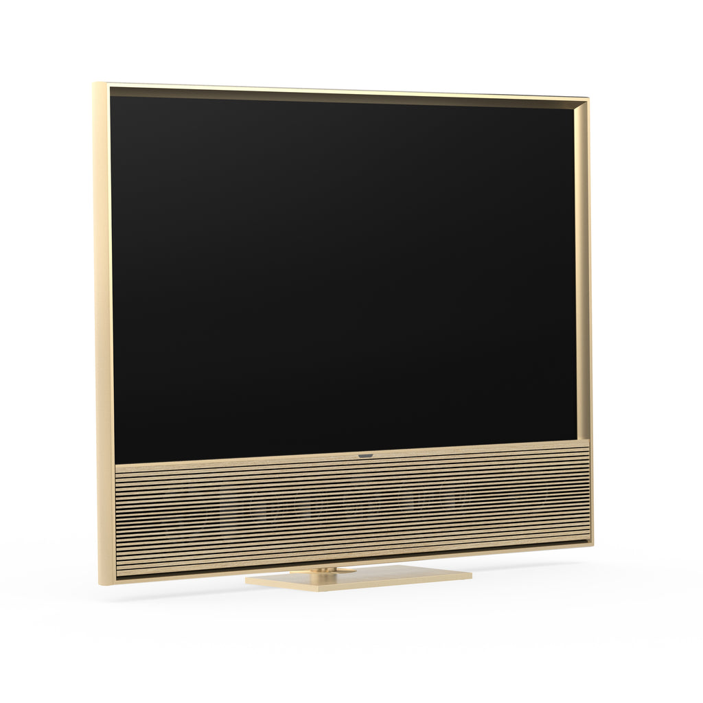 B&O Beovision Contour 48 Zoll Gold Tone - auf Tischstandfuß mit light oak Cover - von seitlich vorn