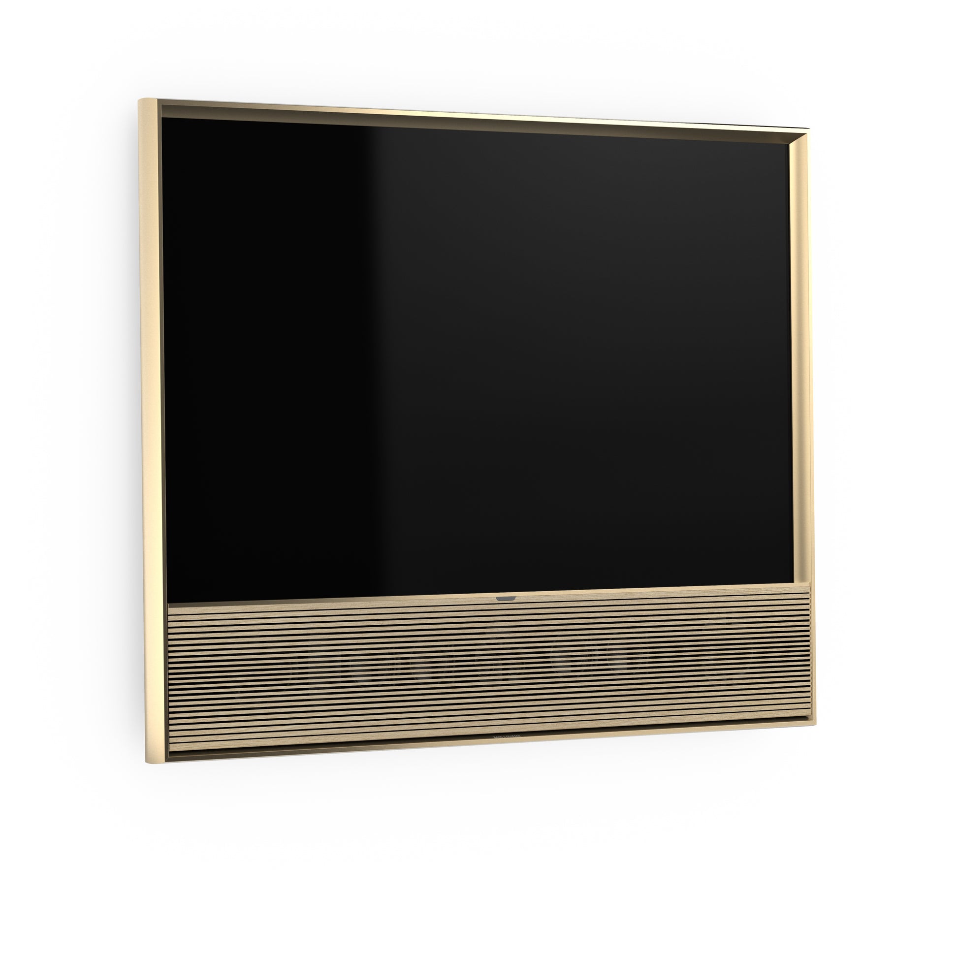 B&O Beovision Contour 48 Zoll Gold Tone - an Wandhalterung mit light oak Cover - von schräg vorn