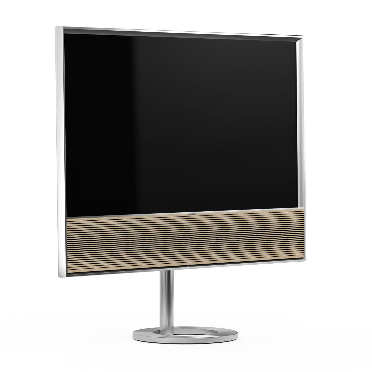 B&O Bang & Olufsen Beovision Contour 48 Zoll silber - auf Bodenstandfuß mit light oak Cover - von schräg vorn