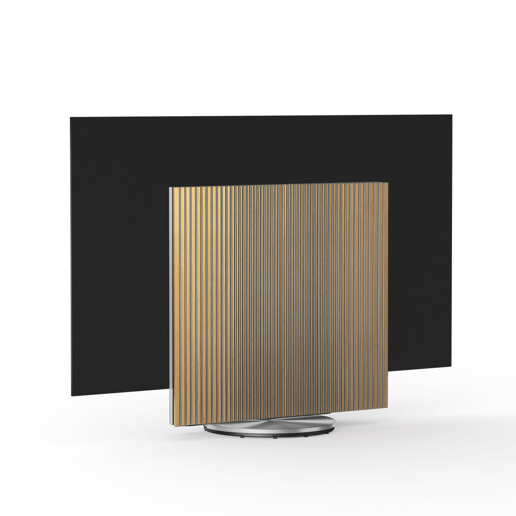 Beovision Harmony Silver mit Cover in Oak auf Motorbodenstandfuß