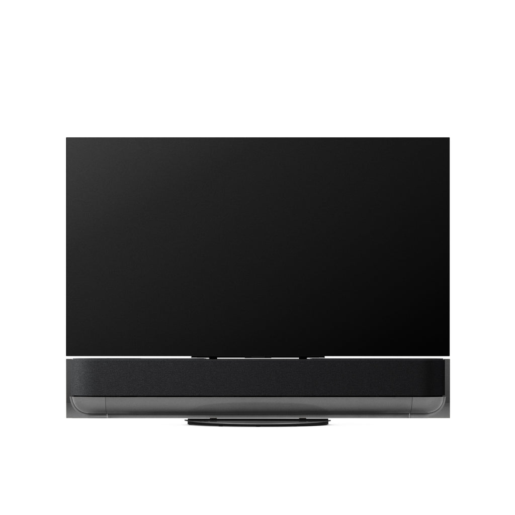 Bang & Olufsen Beovision Theatre 55 Zoll in black anthracite mit Cover in grey mélange auf Tischstandfuß