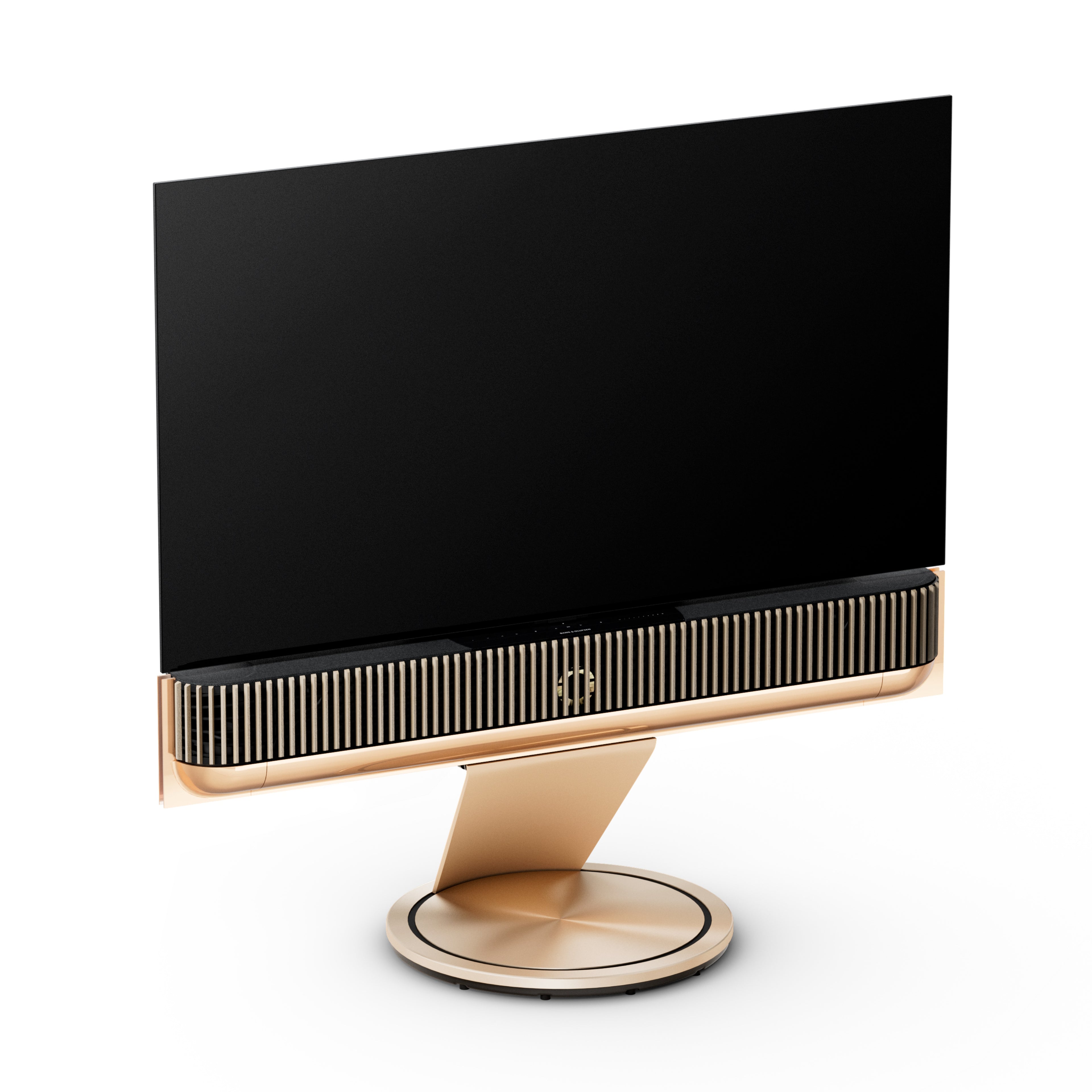Beovision Theatre in gold Tone in der Größe 55 Zoll auf Motorbodenstandfuß mit Cover in light oak