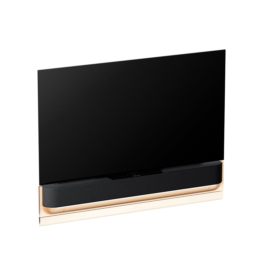 Bang & Olufsen Beovision Theatre in gold Tone in der Größe 55 Zoll an Wandhalterung mit Cover in Grey Melange