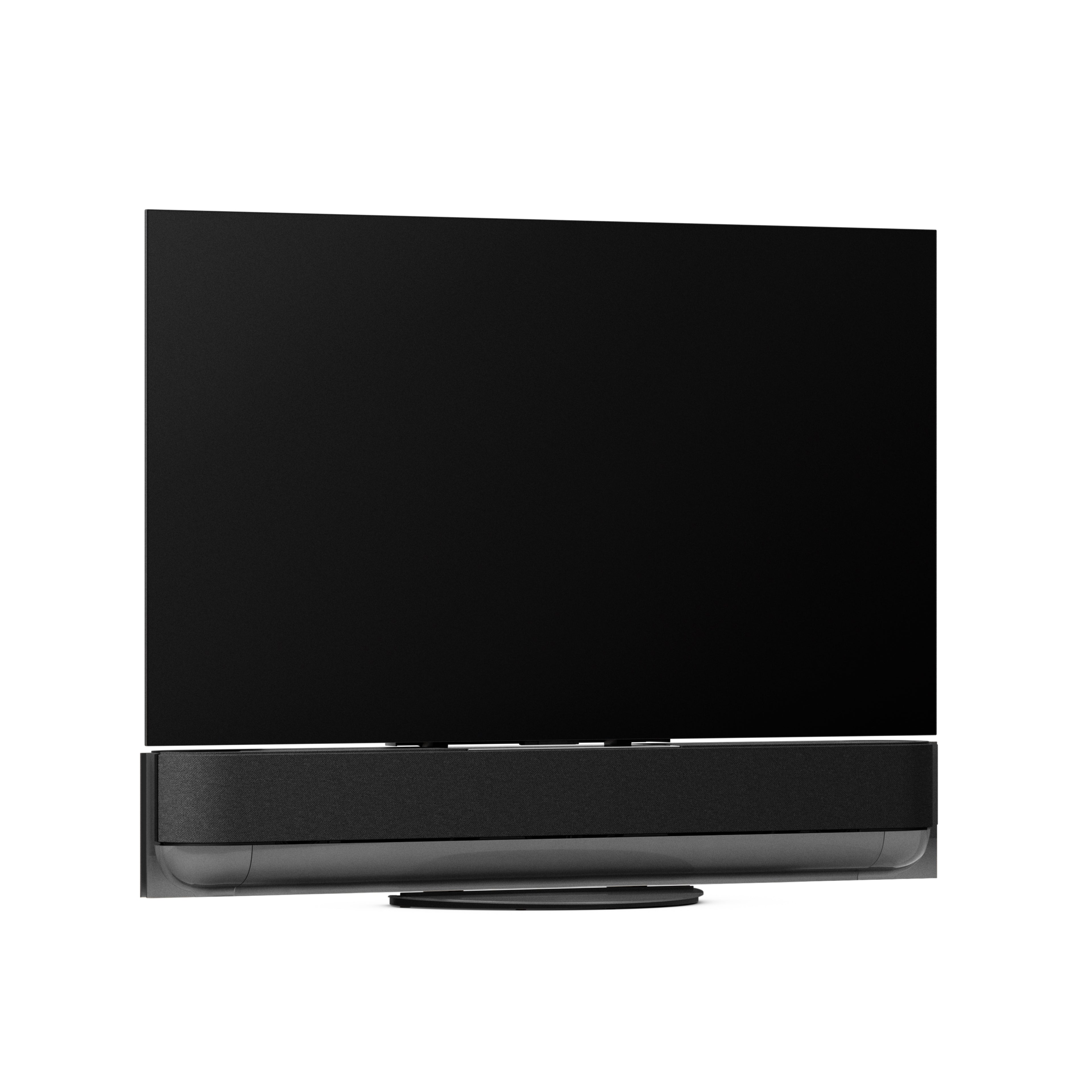 Bang & Olufsen Beovision Theatre 55 Zoll in black anthracite mit grey melange Cover auf table stand