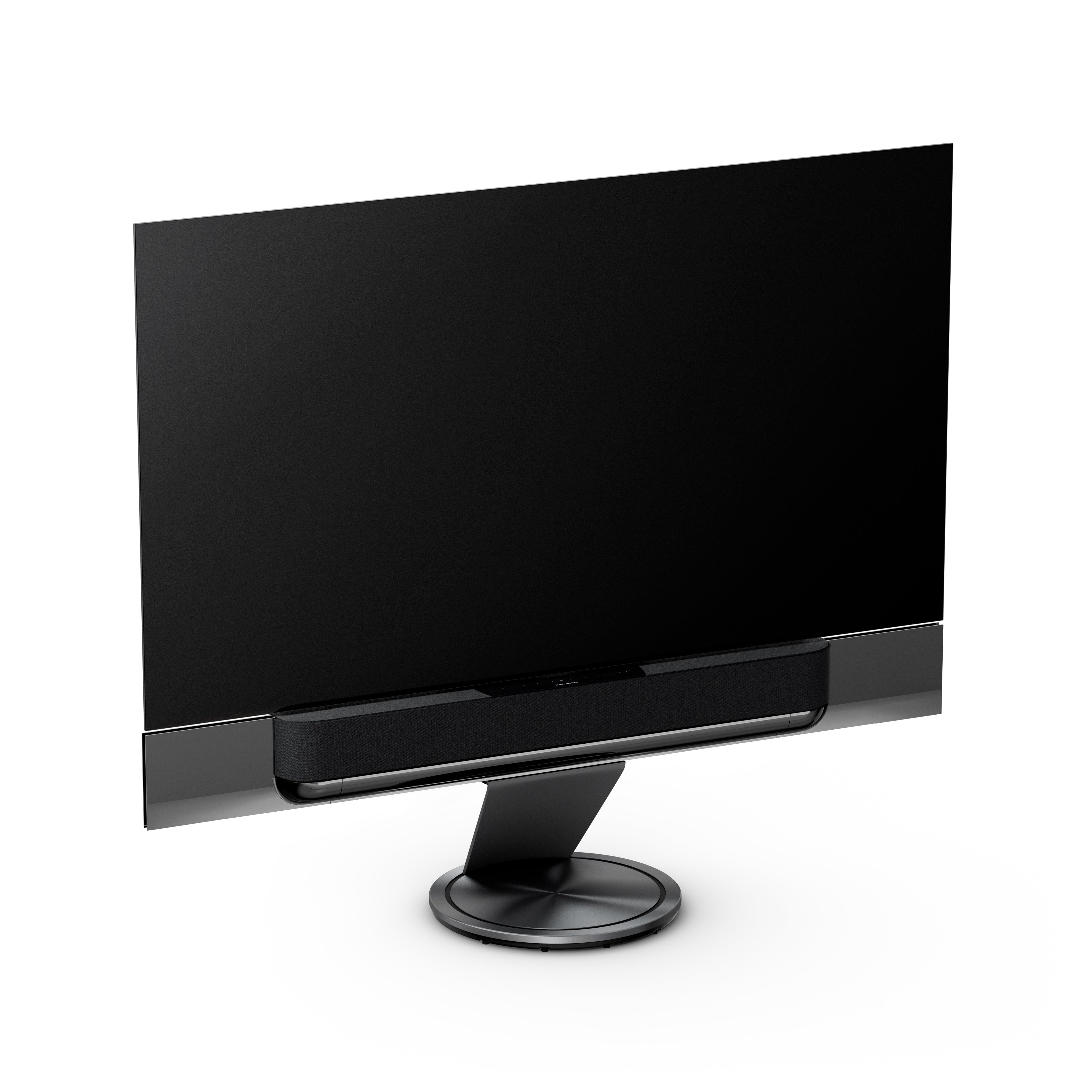 Bang & Olufsen Beovision Theatre 77 Zoll in black anthracite mit Grey melange Cover auf Motorbodenstandfuß